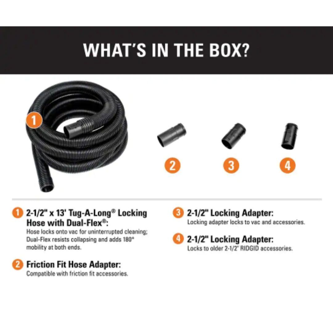 RIDGID Vacuum Hose Wet/Dry Shop Vac 2-1/2″ x 13′ Flexibility Locking Accessories