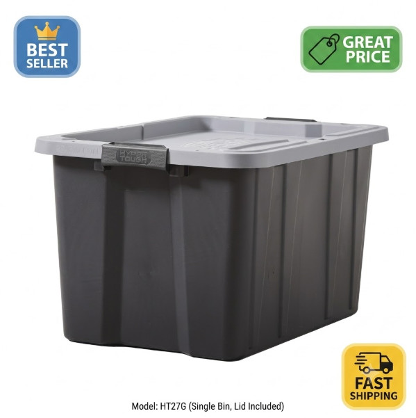 27 Gallon Heavy Duty Storage Bin with Latch Lid Black Gray Container