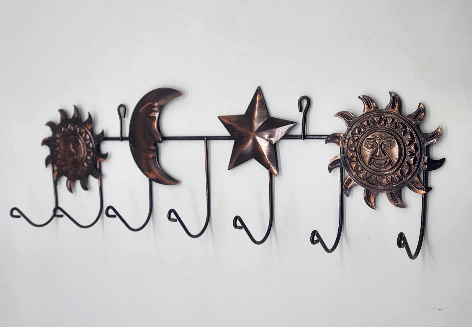Celestial Sun Moon Star Metal Wall Hook Rack 7 Hooks Rustic Bronze Decor