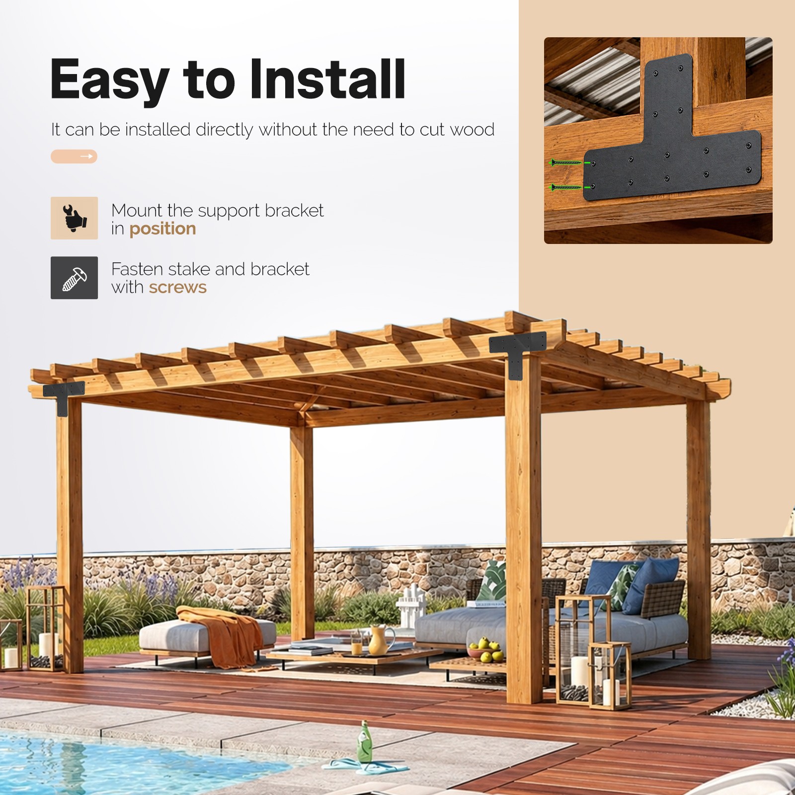 12*8″ 4PCS T Post Frame Pergola Bracket Flat Mending Plate Fit 4×4″,6″x6″ Lumber