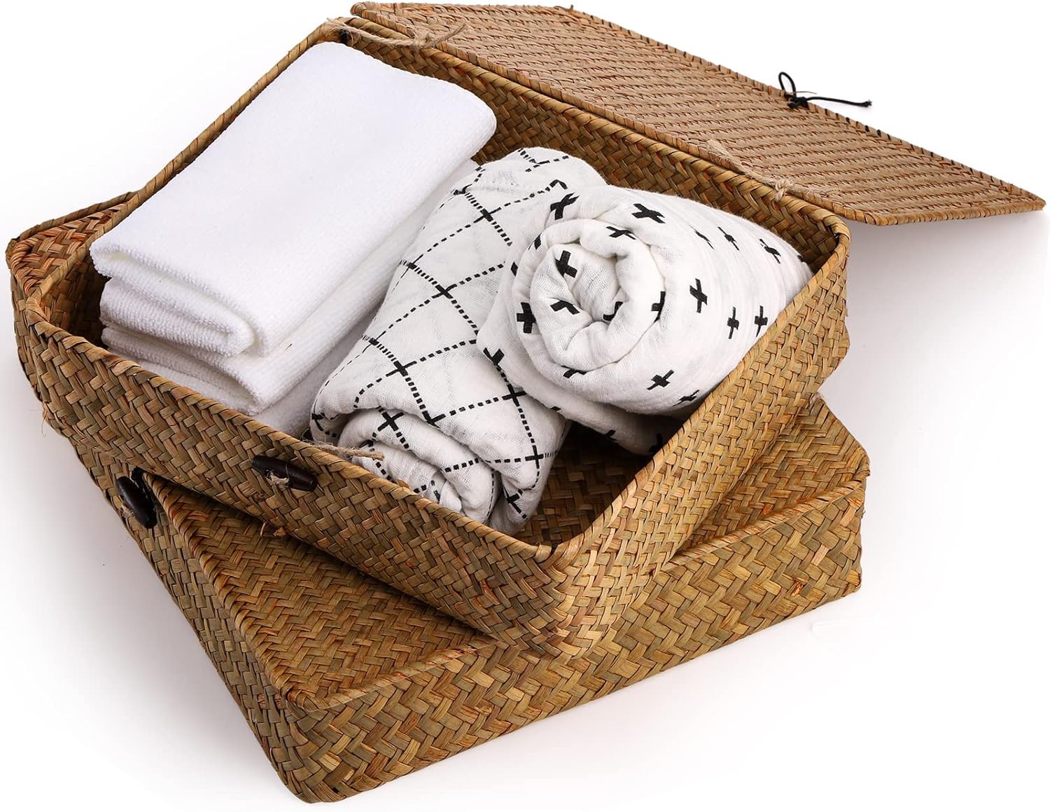 2 Pack Seagrass Baskets with Lid,Wicker Storage Baskets Flat Rattan Storage Bins