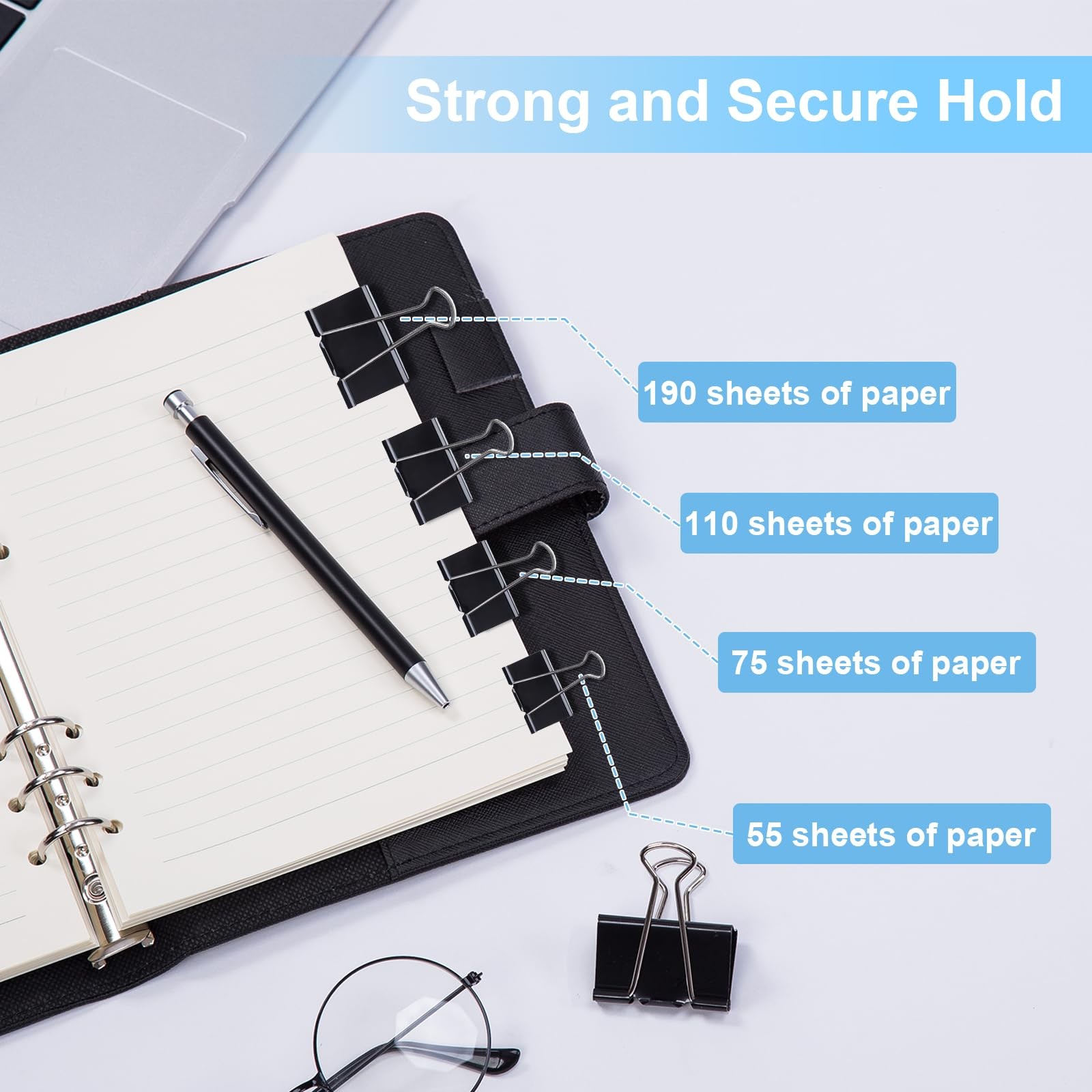Binder Clips Assorted Sizes, 140 4 sizes, 0.6in, 0.75in, 1 in, 1.26 Black