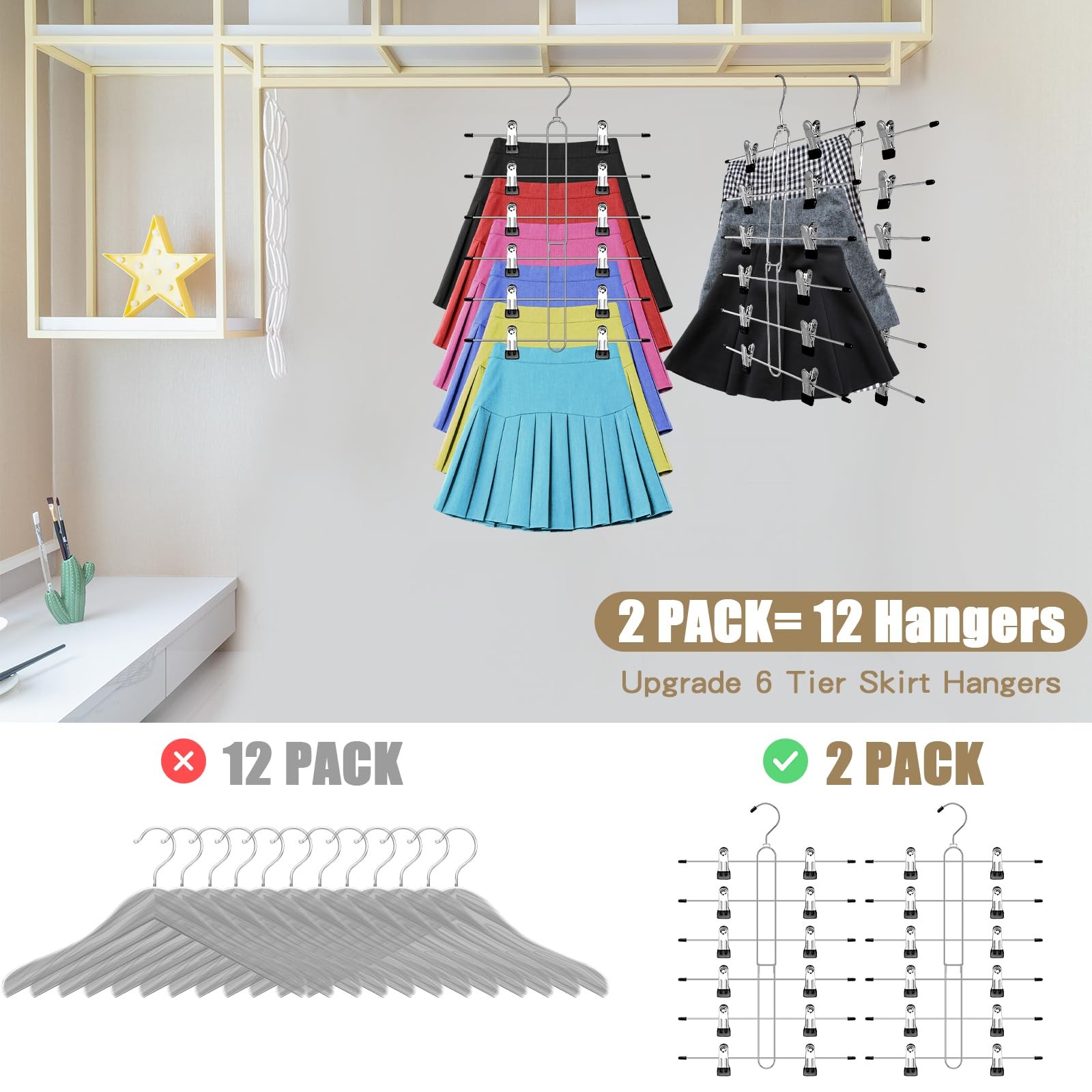 6 Tier Skirt Hangers Space Saving2 Pack Pants Skirts Hangers With Clips For Wome