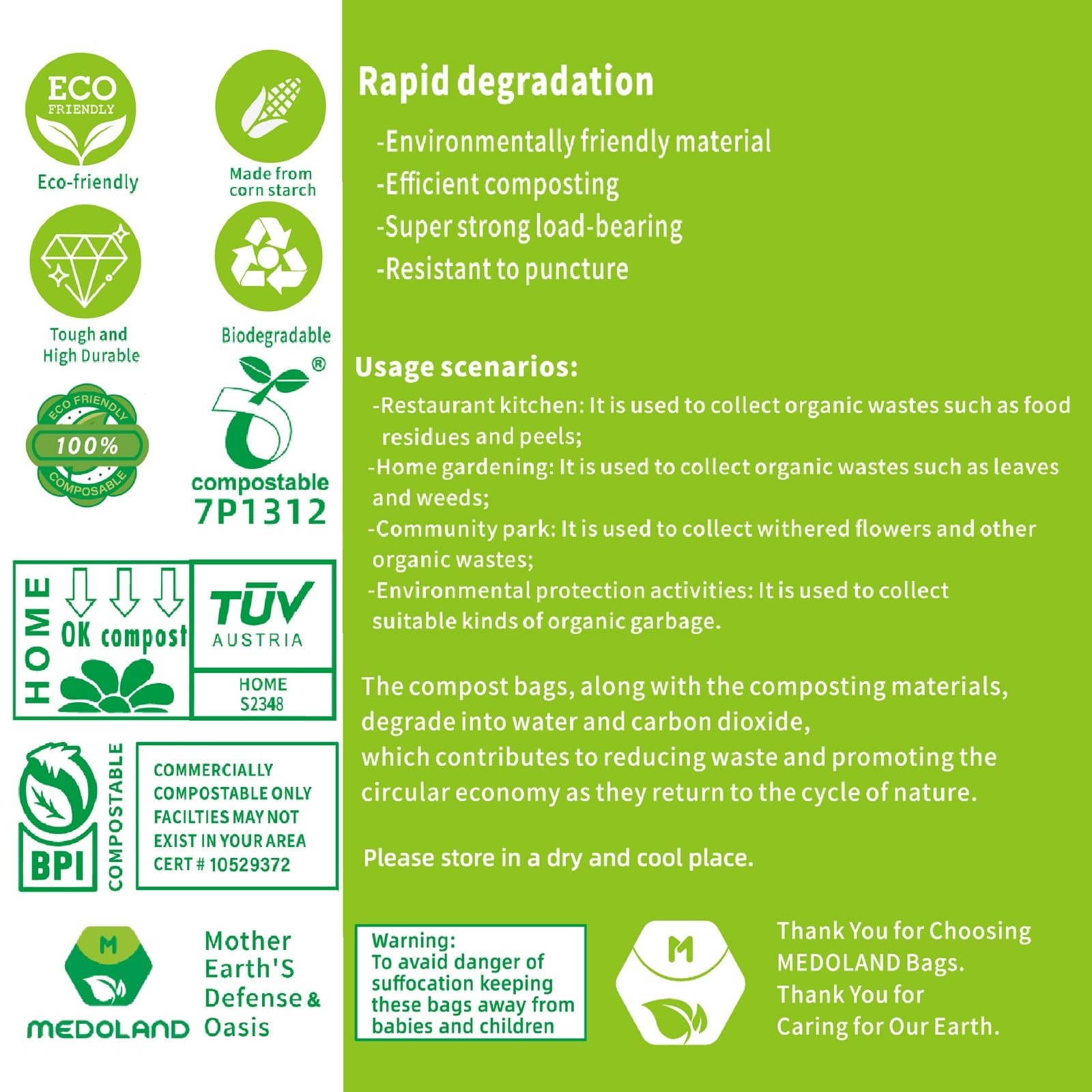 BPI Certified Compostable Trash Bags 13Gallon 30 Count 3X Thicker Than Regul…