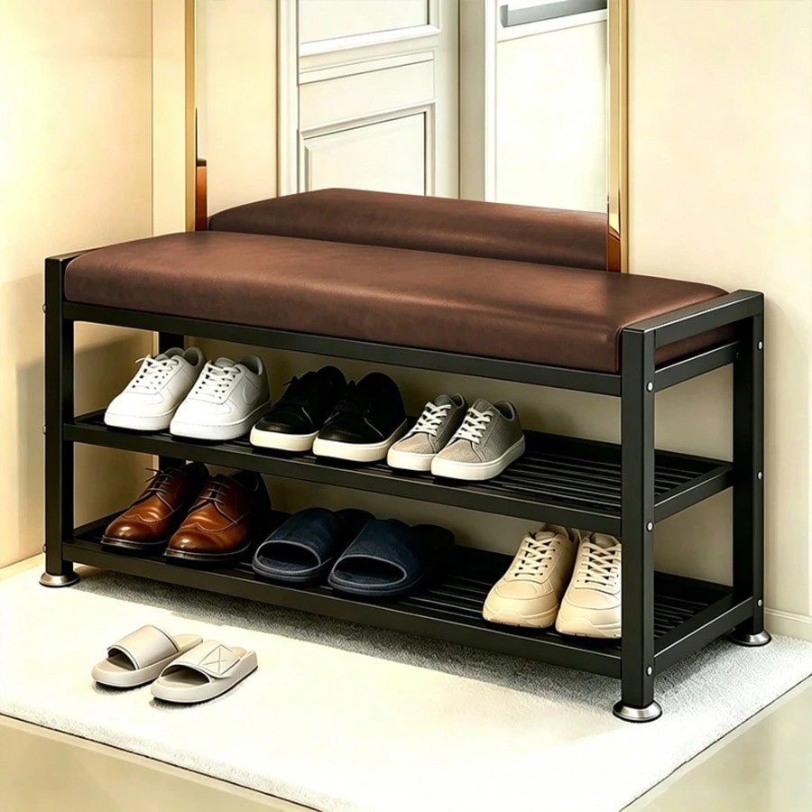 Entryway Shoe Bench 2-Tier Rack Padded Seat Brown 32in Storage Organizer
