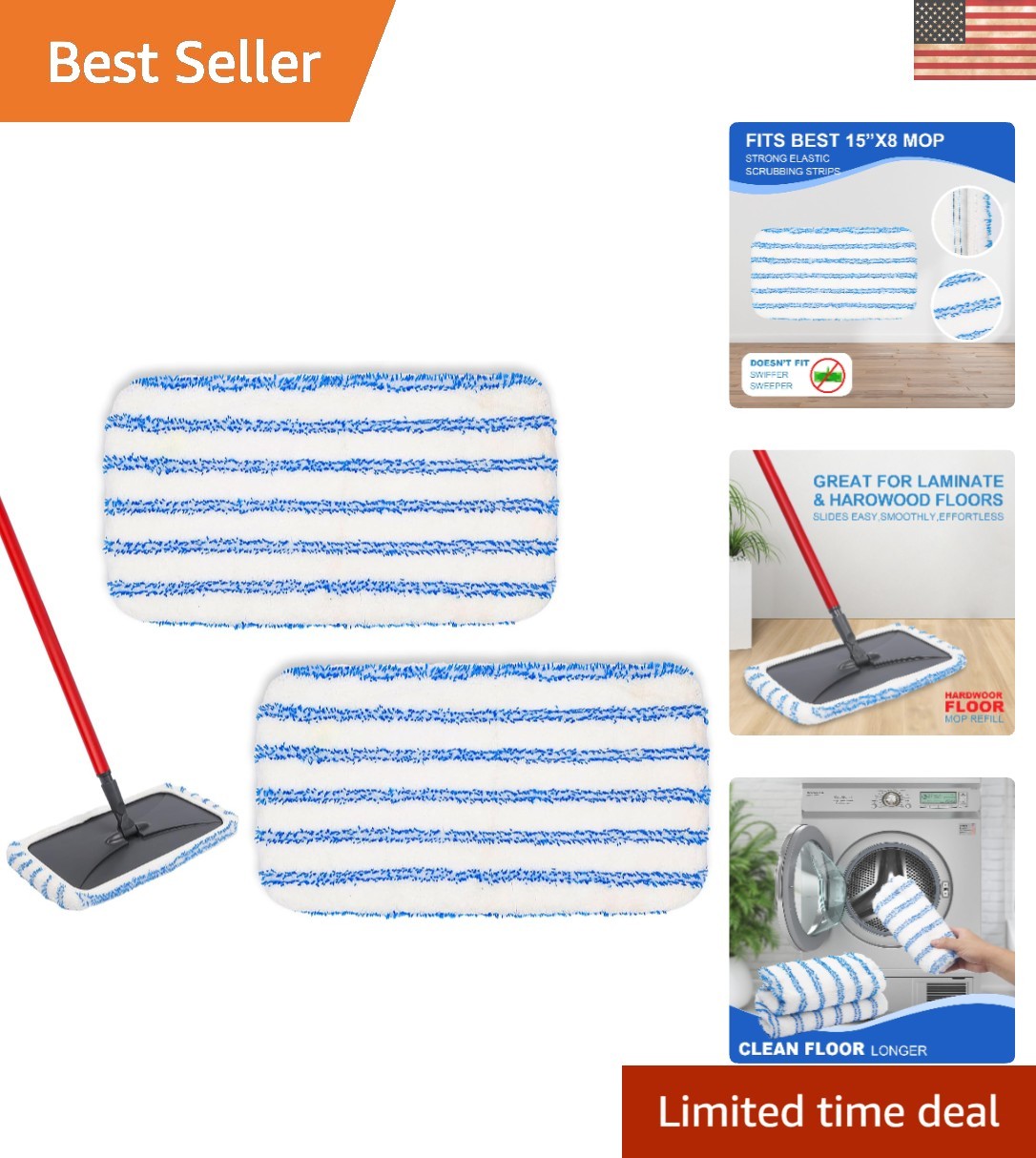 2-Pack Reusable Microfiber Mop Pads for Oceda 15×8 Mops – Ultimate Cleaning
