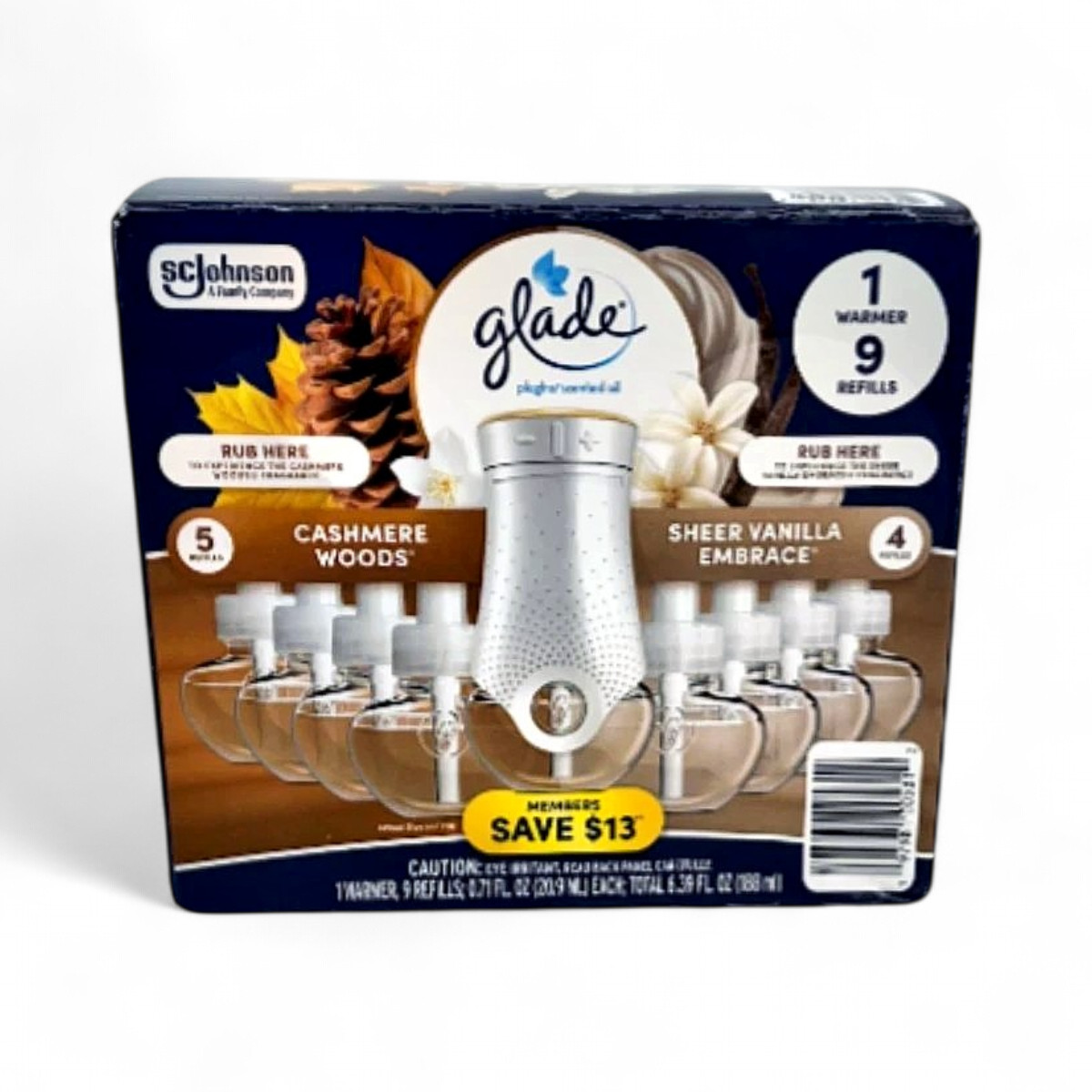 Glade PlugIns Scented Oil Cashmere Woods + Vanilla Embrace, 1 Warmer + 9 Refills