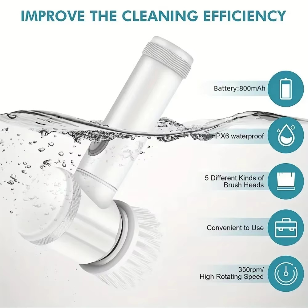 New Power Scrubber 5 Replaceable Brush Heads Electric Spin Scrubber Bathroom Cle