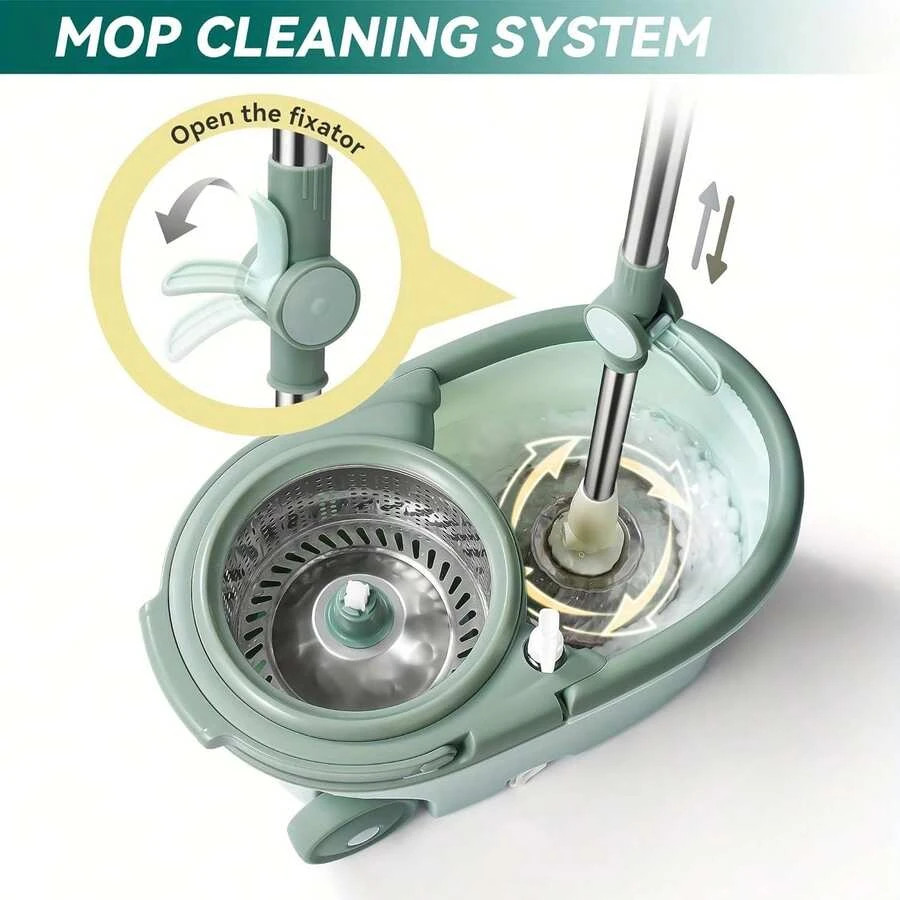 360° Spin Mop Bucket System 61″ Handle 2 Microfiber Refills