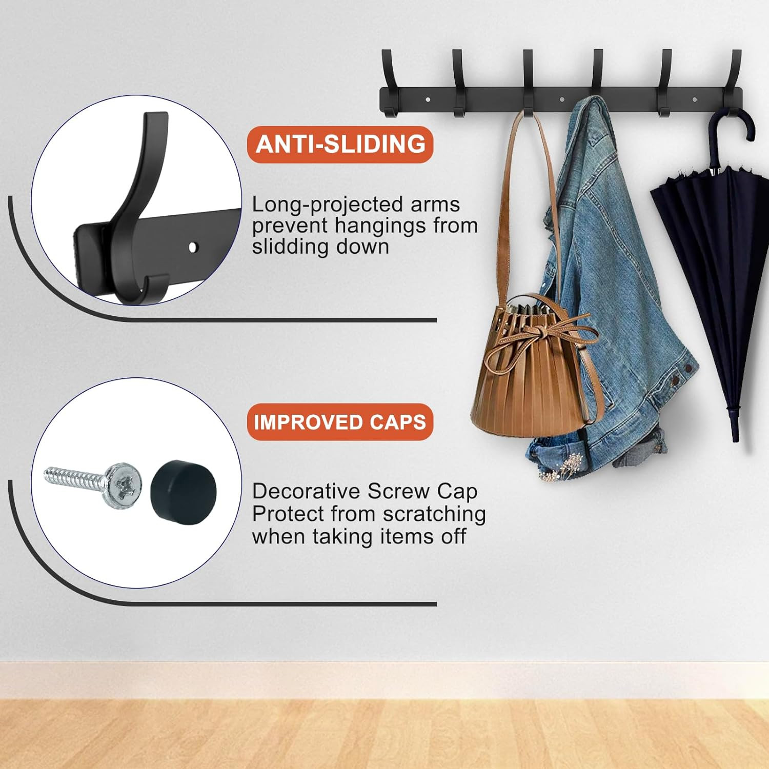 Coat Rack Wall Mounted,6 Coat Hooks for Hanging Coats,Metal Double Hook Rack Hoo