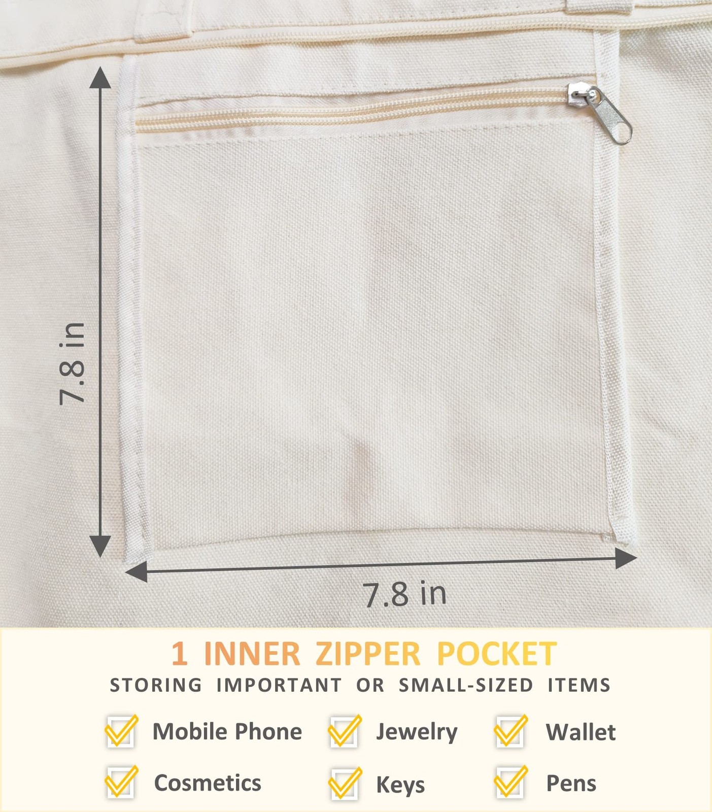 Canvas Tote Bag Pockets Zipper Durable Lightweight Cotton Shopping Cloth Bag Gif
