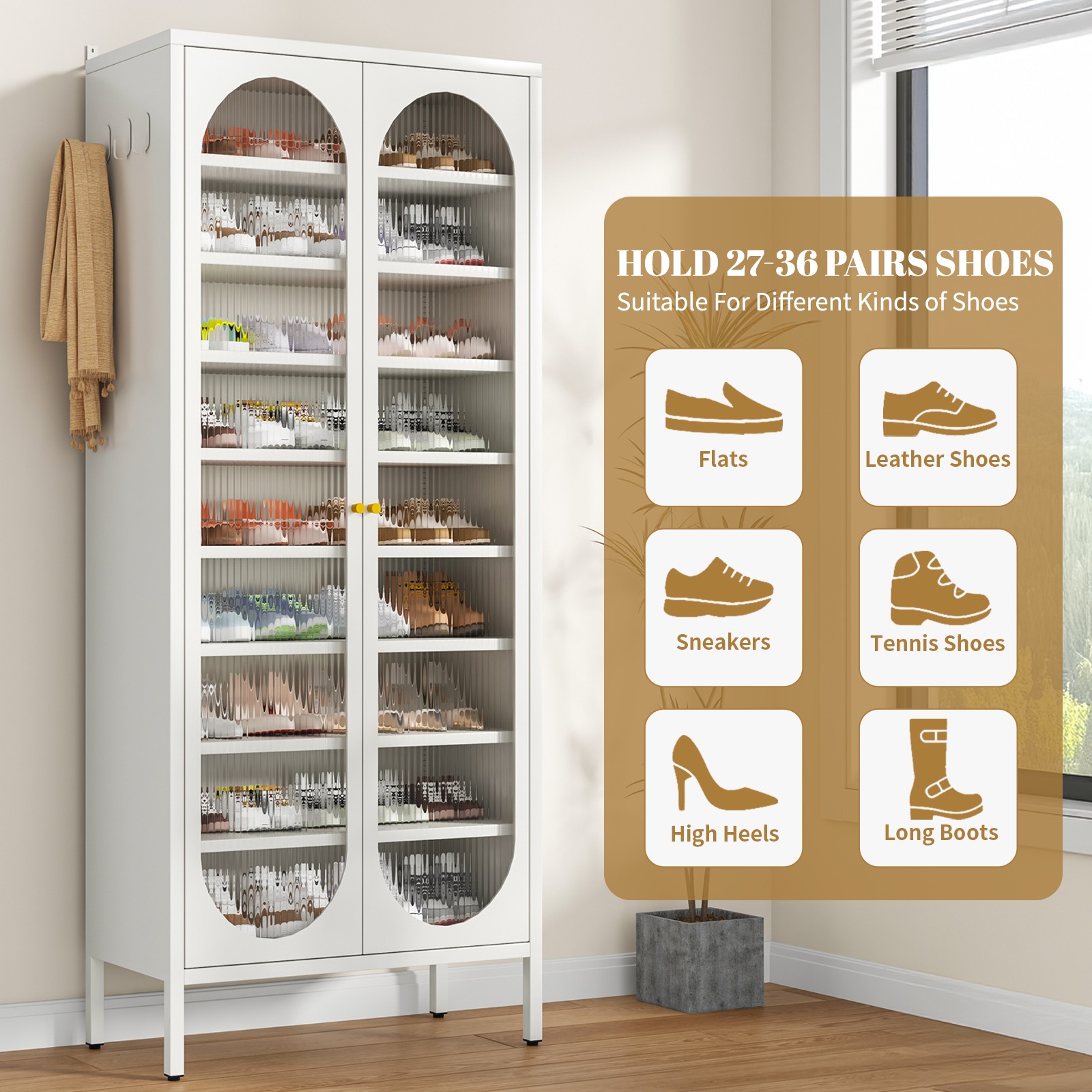9-Tier Shoes Storage Rack w/ Fluted Doors 67″ Height Shoes Cabinet Steel Frame