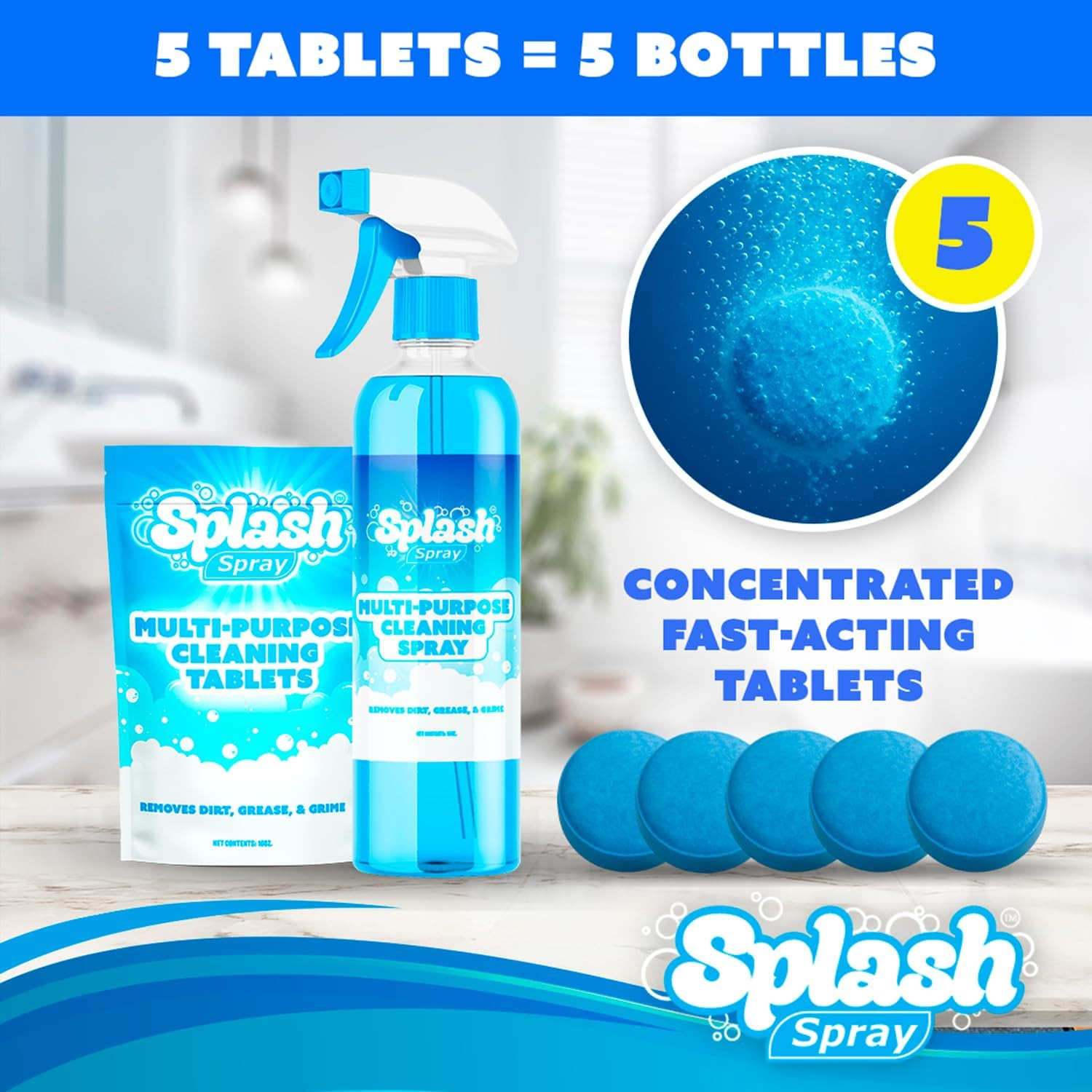 Splash Spray Multi-Purpose Cleaning Tablets – 5X Cleaning Tablets and Bottle Spr
