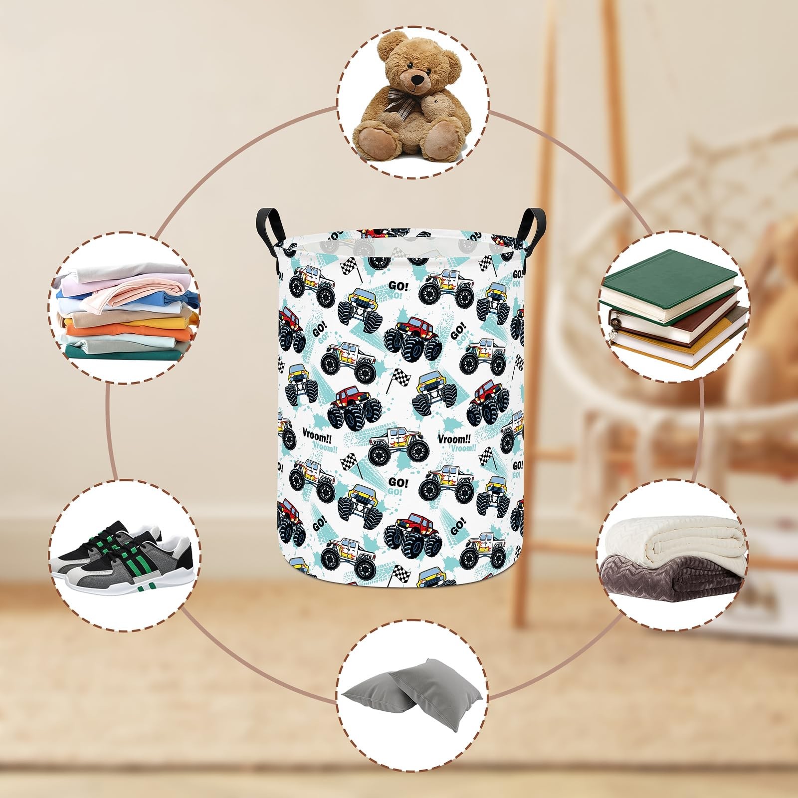 Monster Truck Laundry Hamper Large Canvas Fabric Lightweight Storage Basket/T…