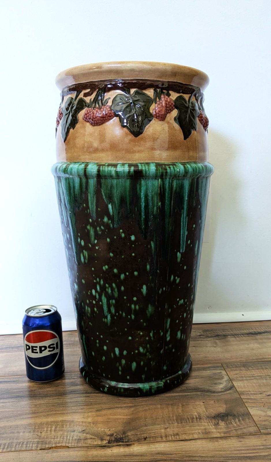 Antique Art Nouveau Pottery Blended Majolica Water Umbrella Stand Display 19.5″