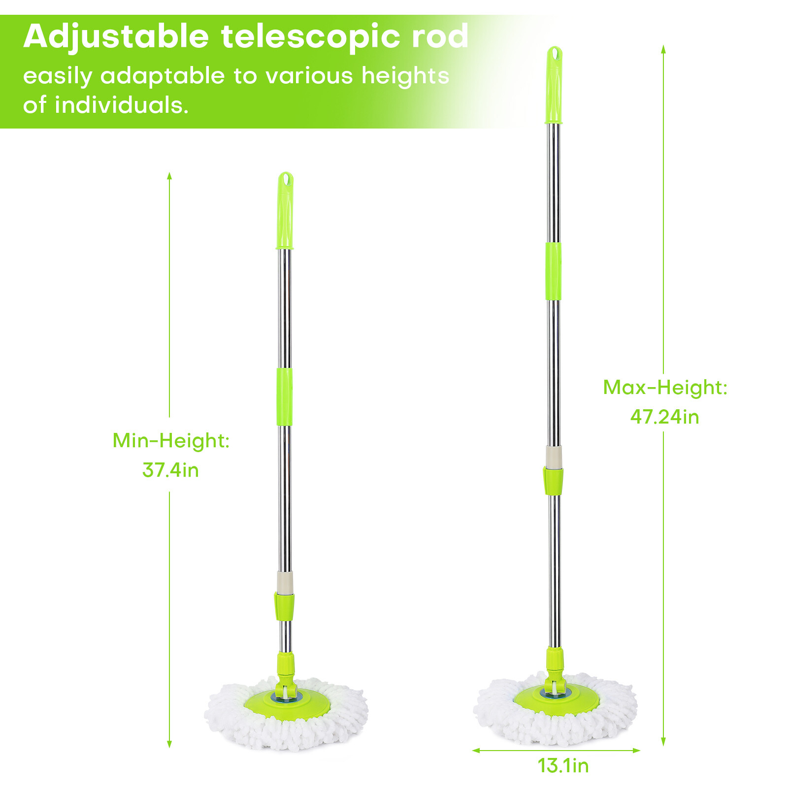 Spinning Mop Pole Handle Replacement for 360° Rotating Cleaning Tool+2 Mop Heads