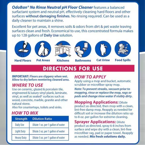 OdoBan 1 Gal. No Rinse Neutral pH Floor Cleaner, Concentrated Floor Cleaner