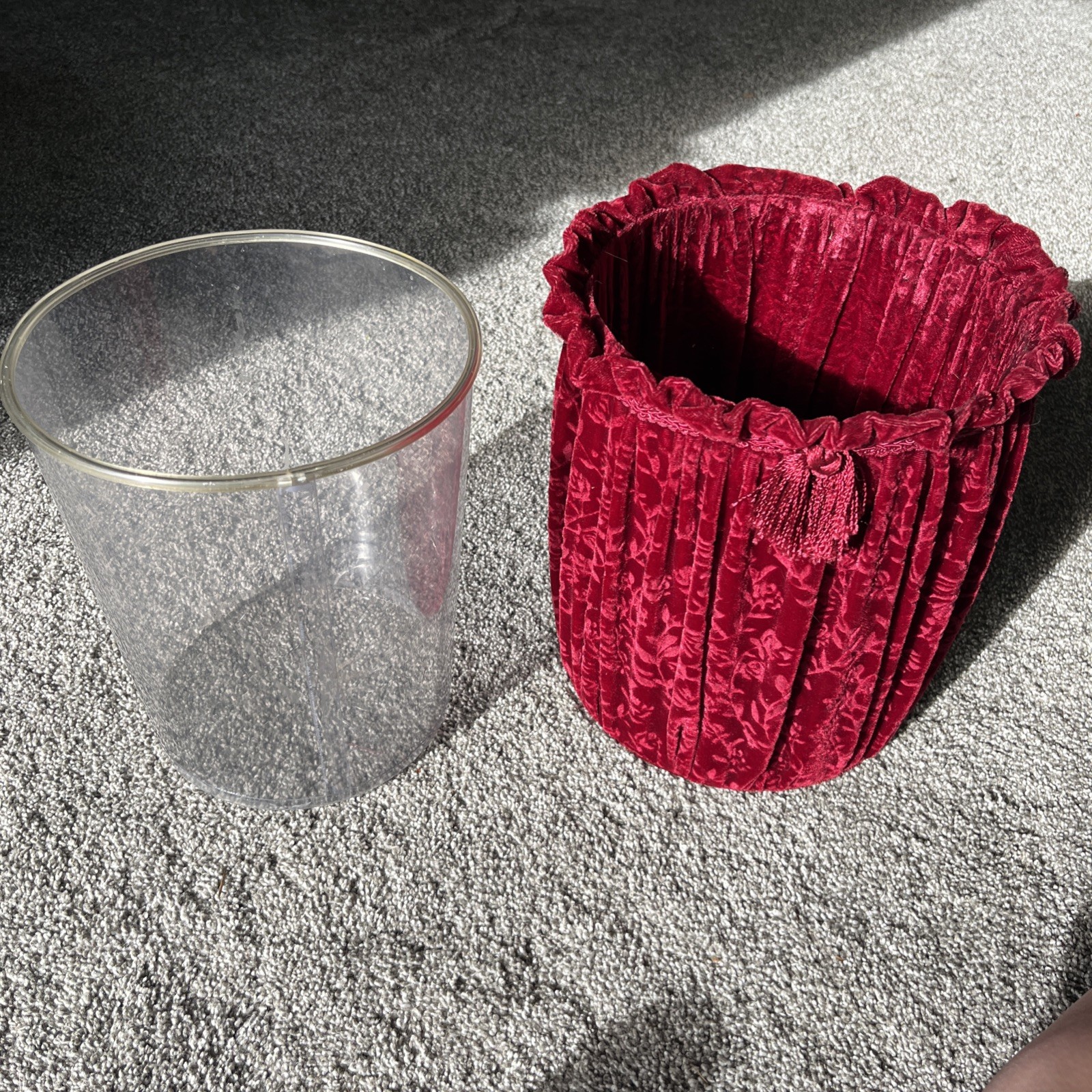 Vintage Burgundy Burnout Velvet Tassel Waste Basket Trash Can w/ Plastic Liner