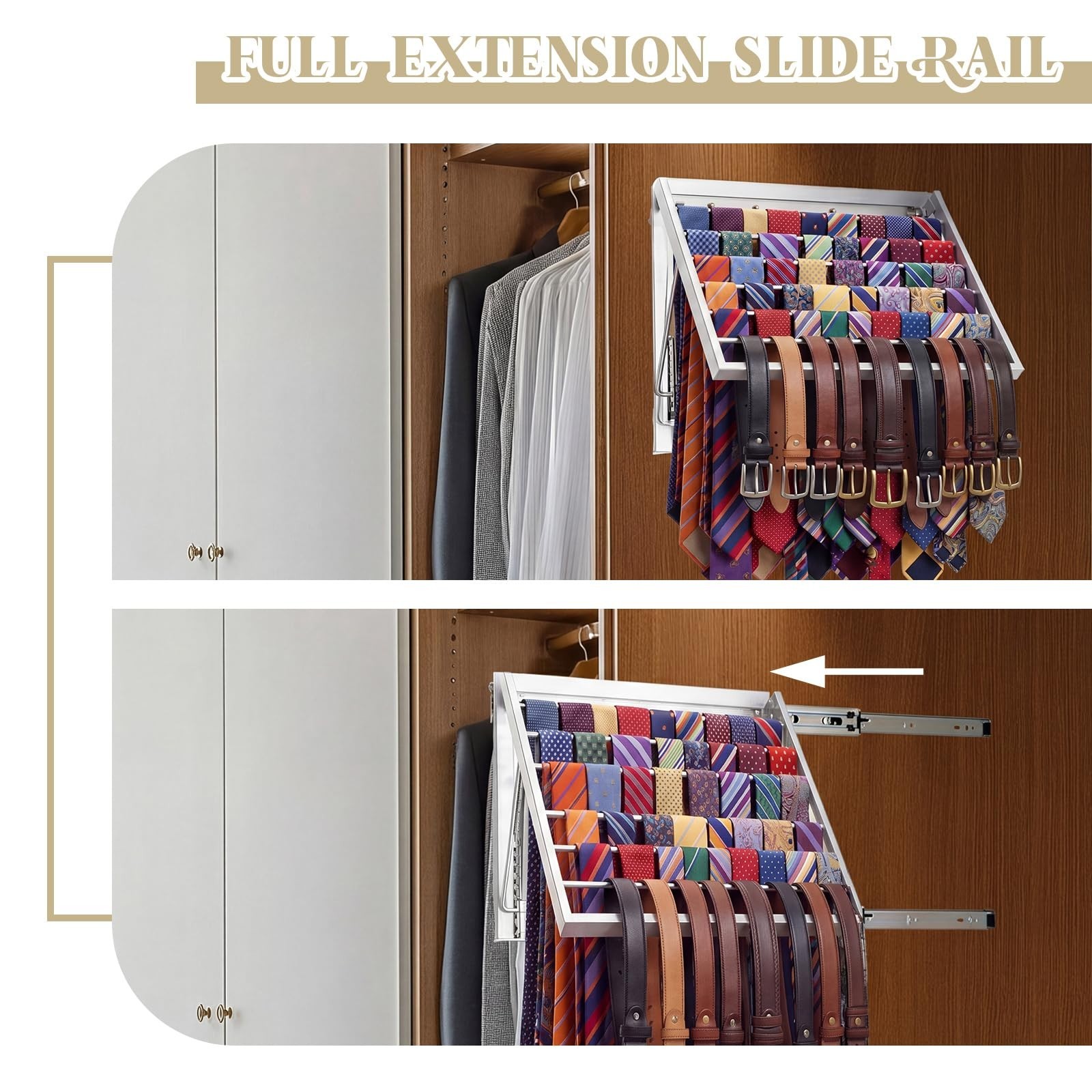 13.8″ Sliding Tie Rack & Belt Organizer – Wall Mounted Metal Hanger, Silver