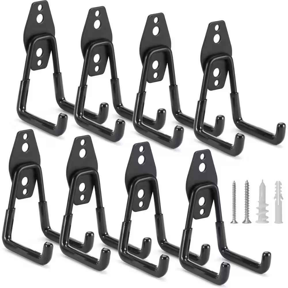 8 Pack 2.75 In. Black Steel Heavy Duty Garage Hooks Wall Rack with Non-Slip PVC