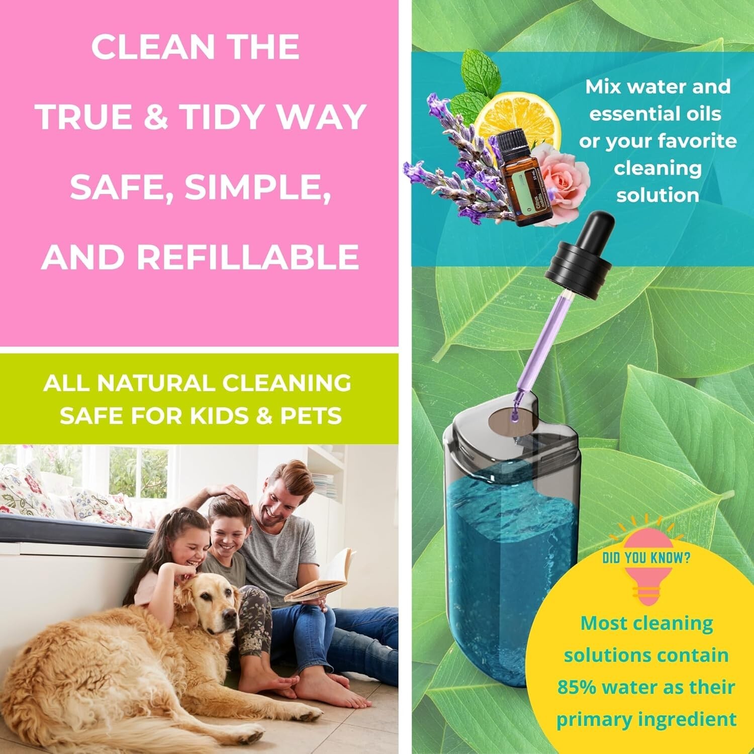 True & Tidy 360 Spray Mop with 3 Interchangeable heads, Pink