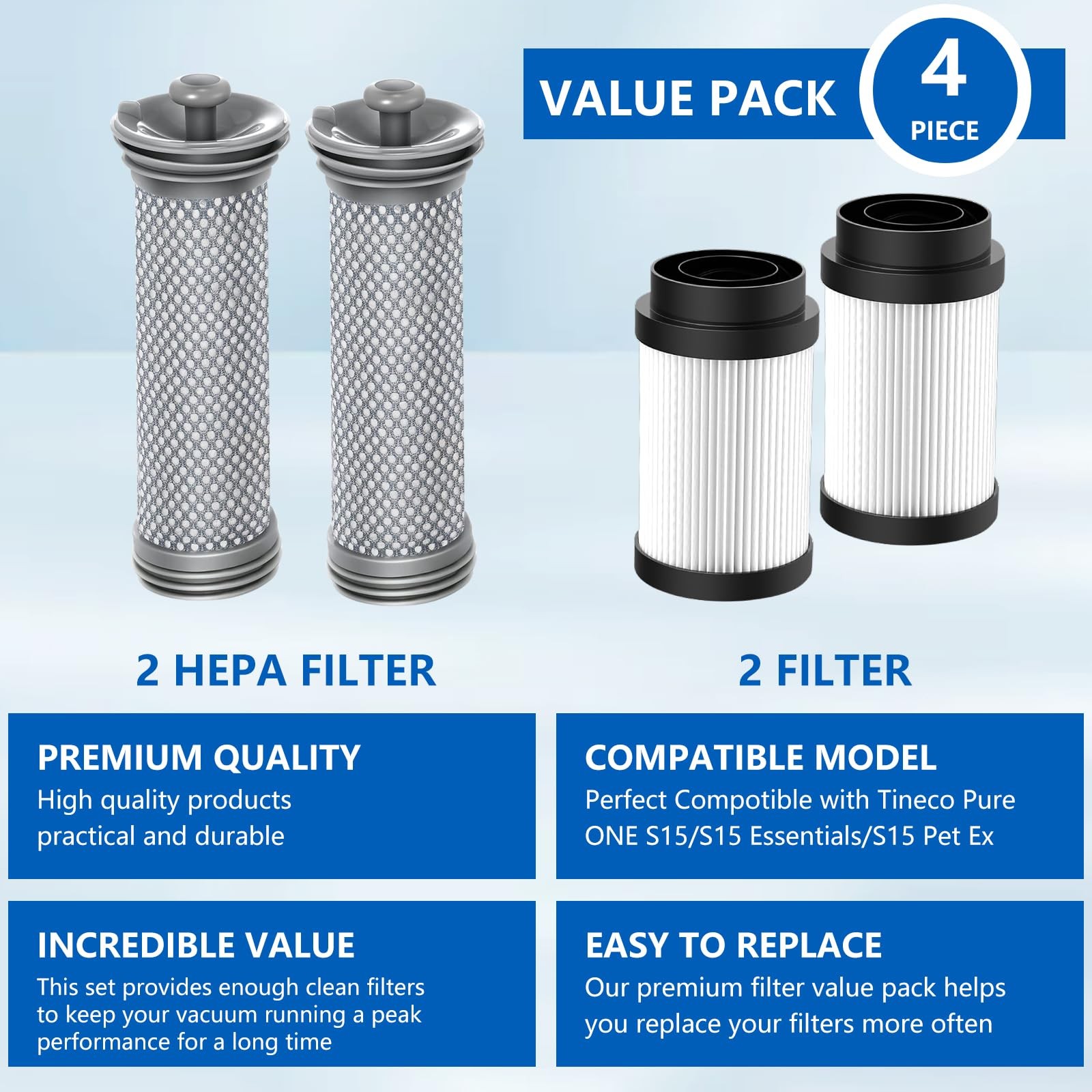 4 Pack Filter Replacement Parts for Tineco Pure ONE S15/S15 Essentials/S15 Pe…