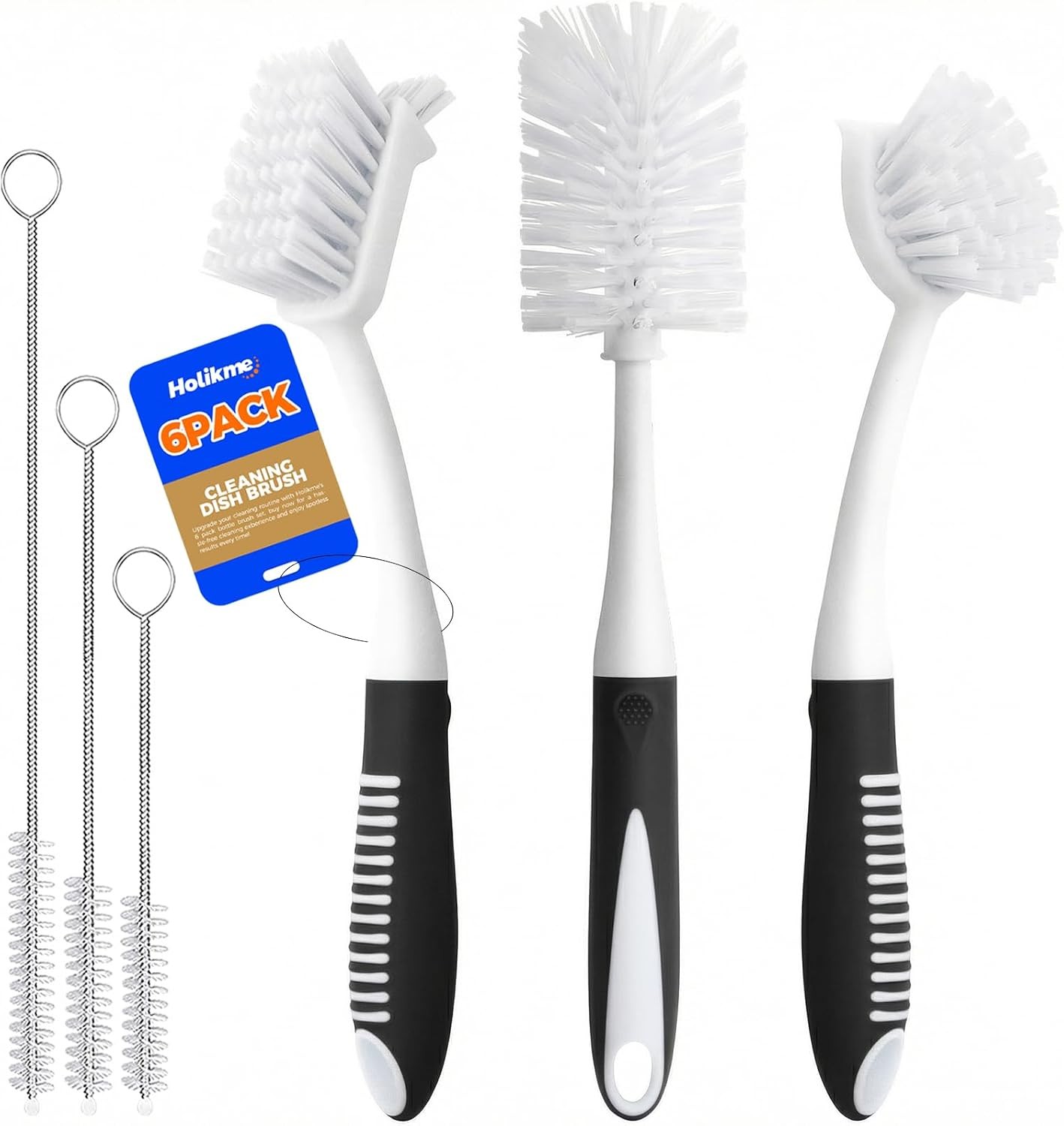Holikme 6-Pack Dish Brush Set: Bottle, Pan, Straw Brushes – Black