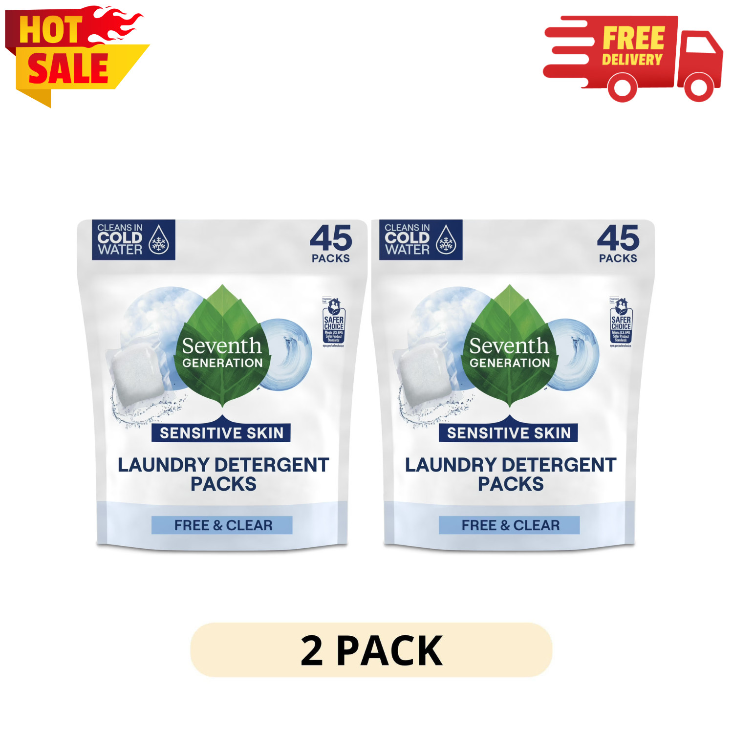 2PK Seventh Generation Free&Clear Laundry Detergent Pacs 45 Load Sensitive Skin