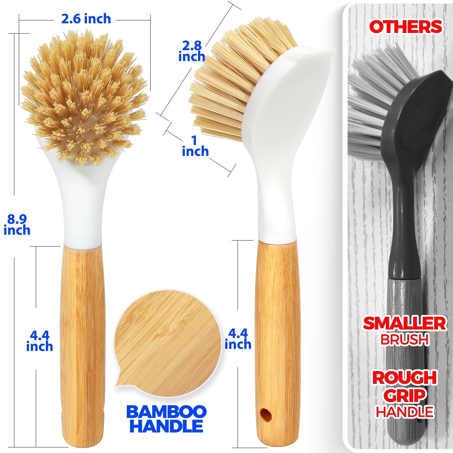 Bamboo Dish Brush Set with L-Shaped Handle Dish Cleaning Tools White Yellow