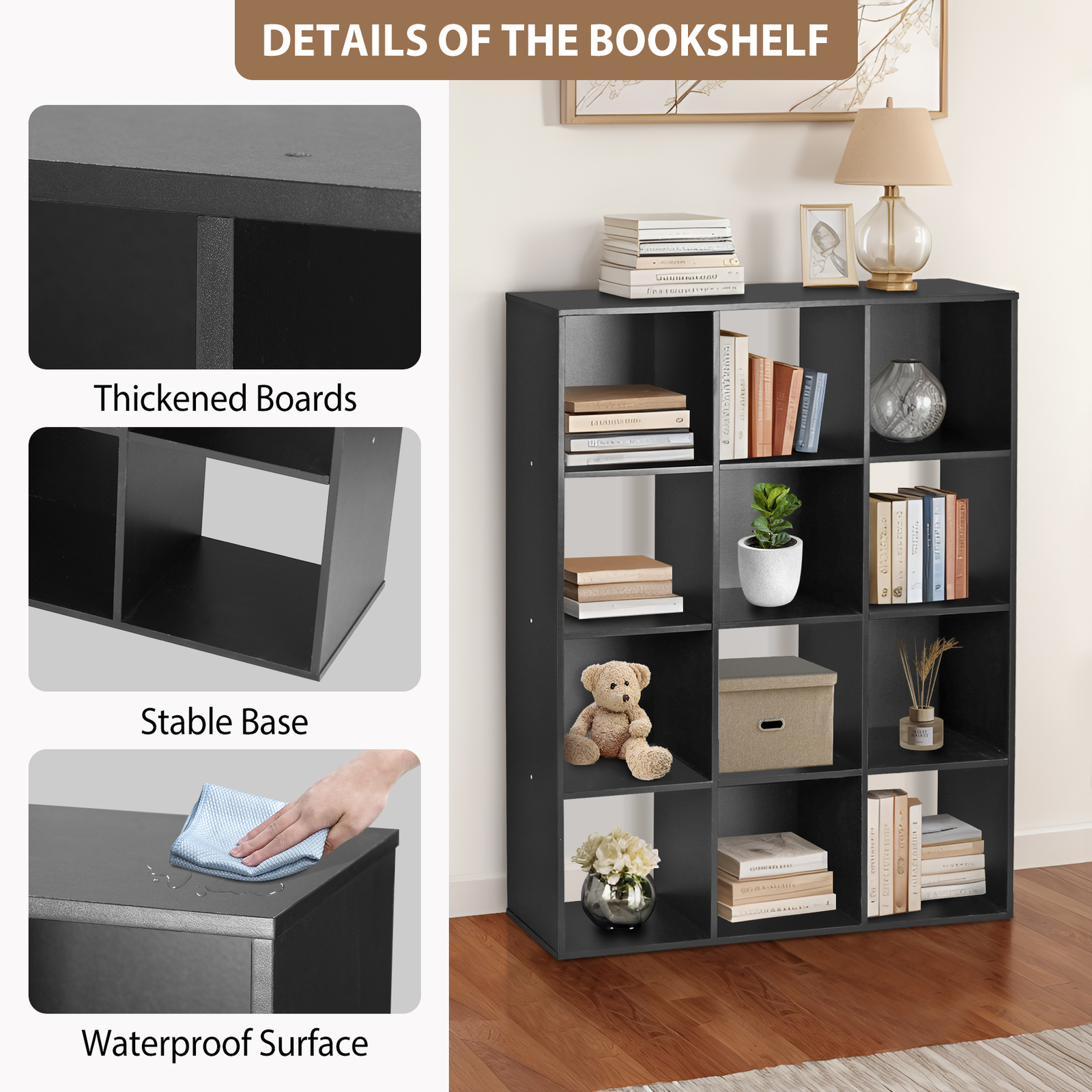 12 Cube Storage Organizer Wooden Bookshelf Display W/Removable Back Panels Black