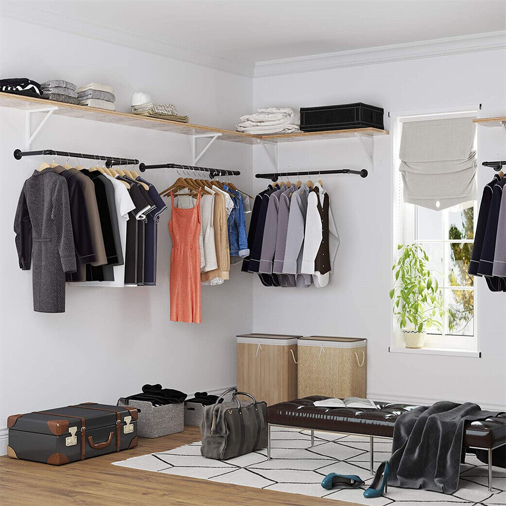 2X Wall Mounted Clothes Rack Industrial Pipe Clothes Hanging Bar Space Saving