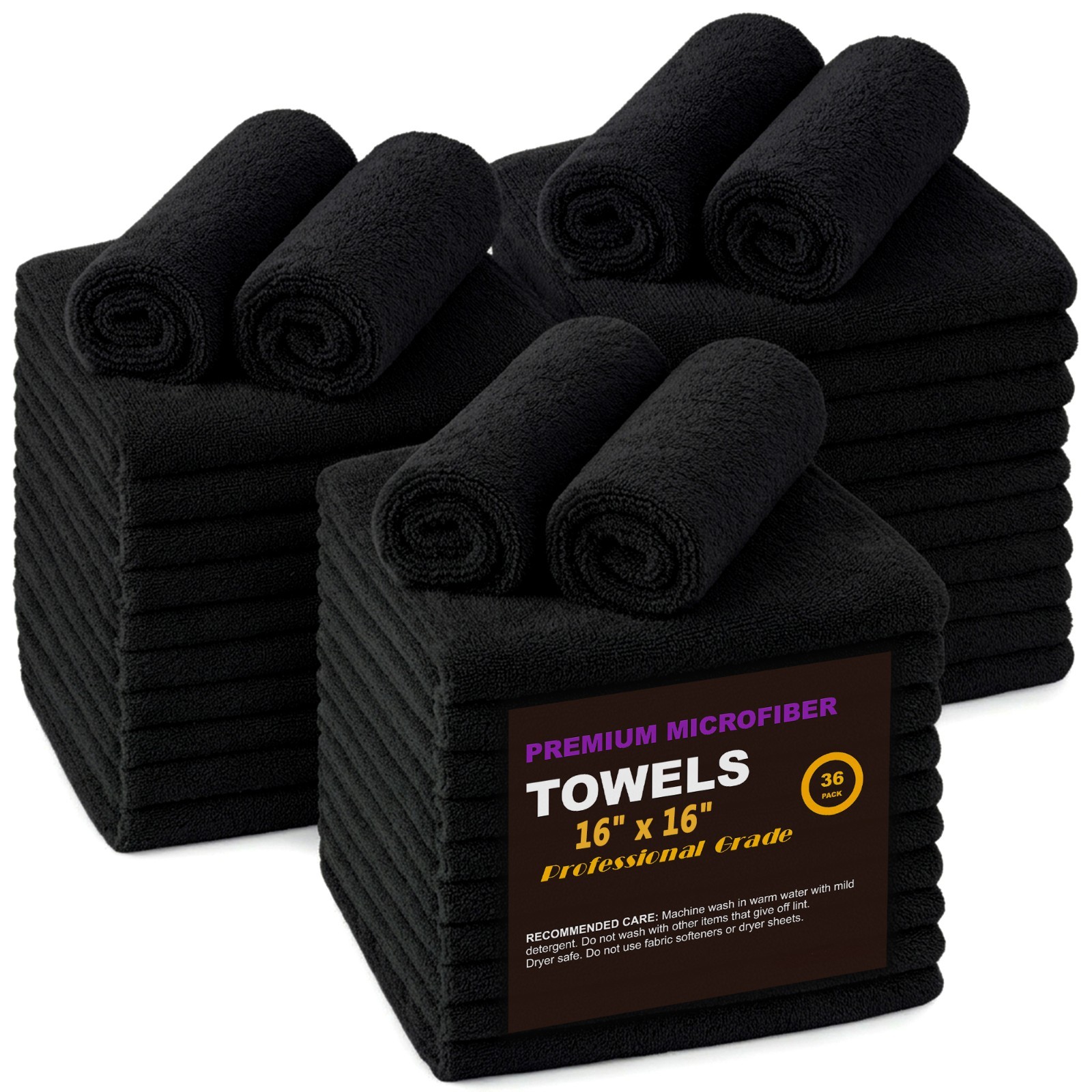 Microfiber Cleaning Cloth 36-Pack 16×16 inch Wash Towel 3 Dozen Black Car Rag