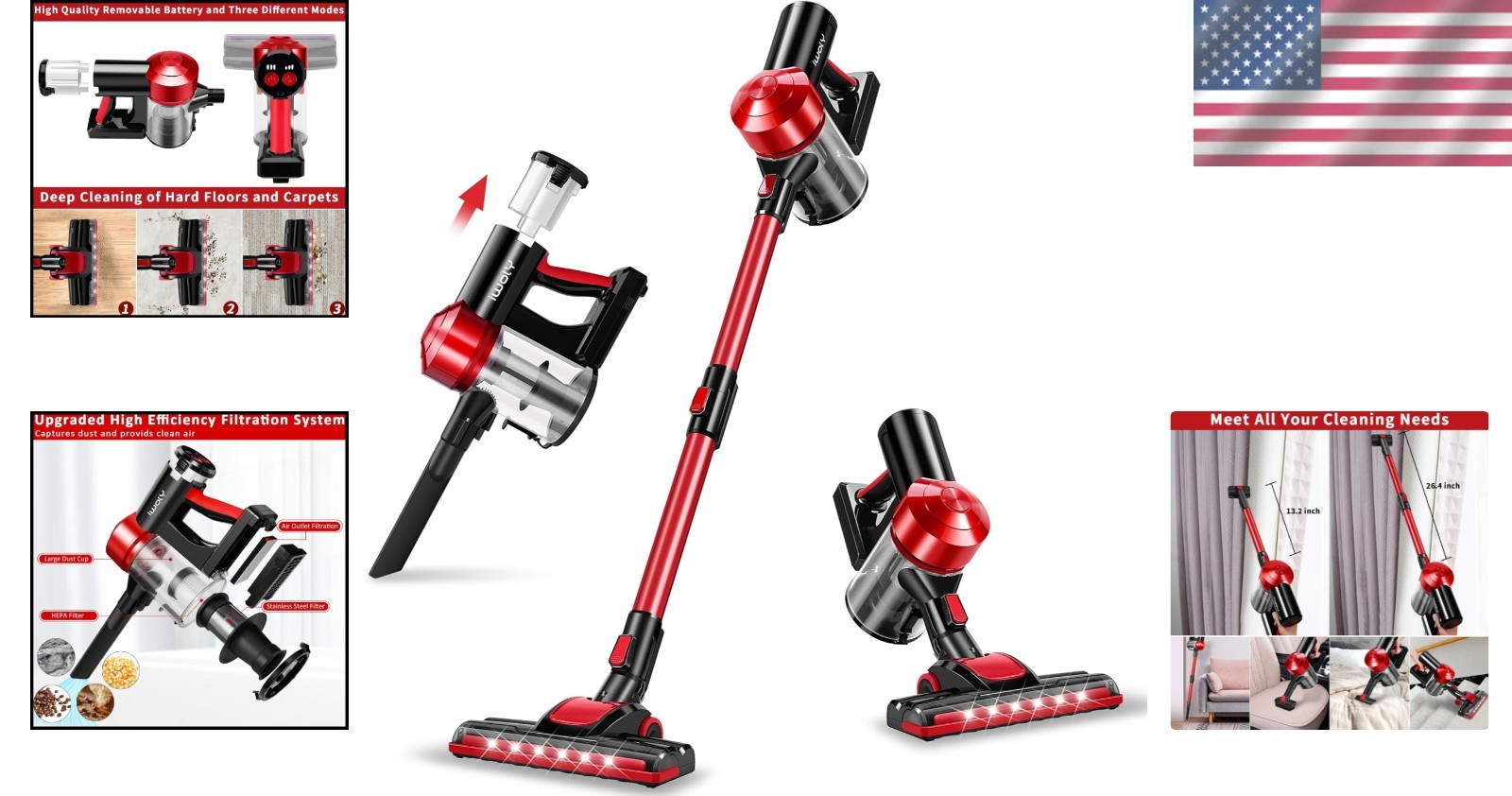 Cordless Vacuum 18000Pa HEPA Filter 35Min Runtime Lightweight Stick