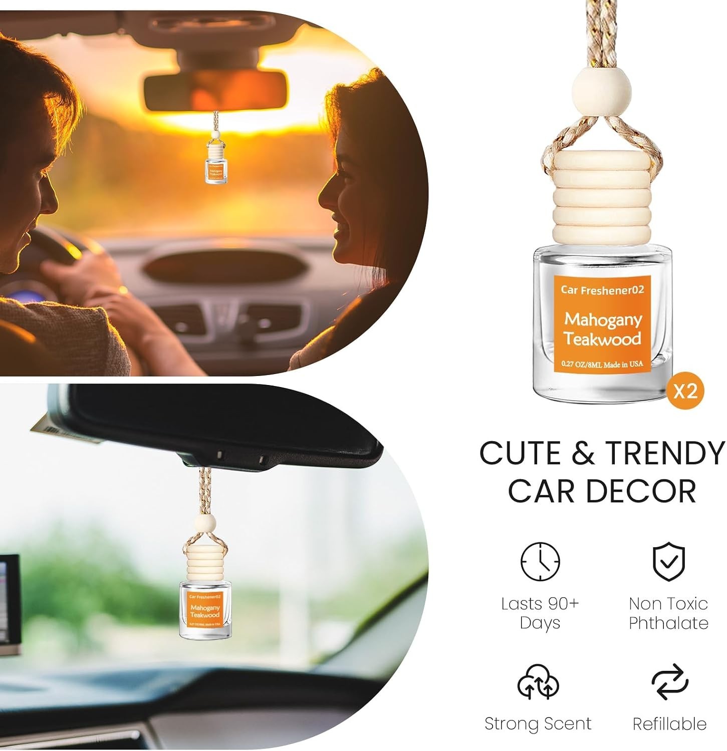 Non-Toxic Hanging Car Fresheners, 2 Pack, Natural Scented Oils, Fresh Ambiance