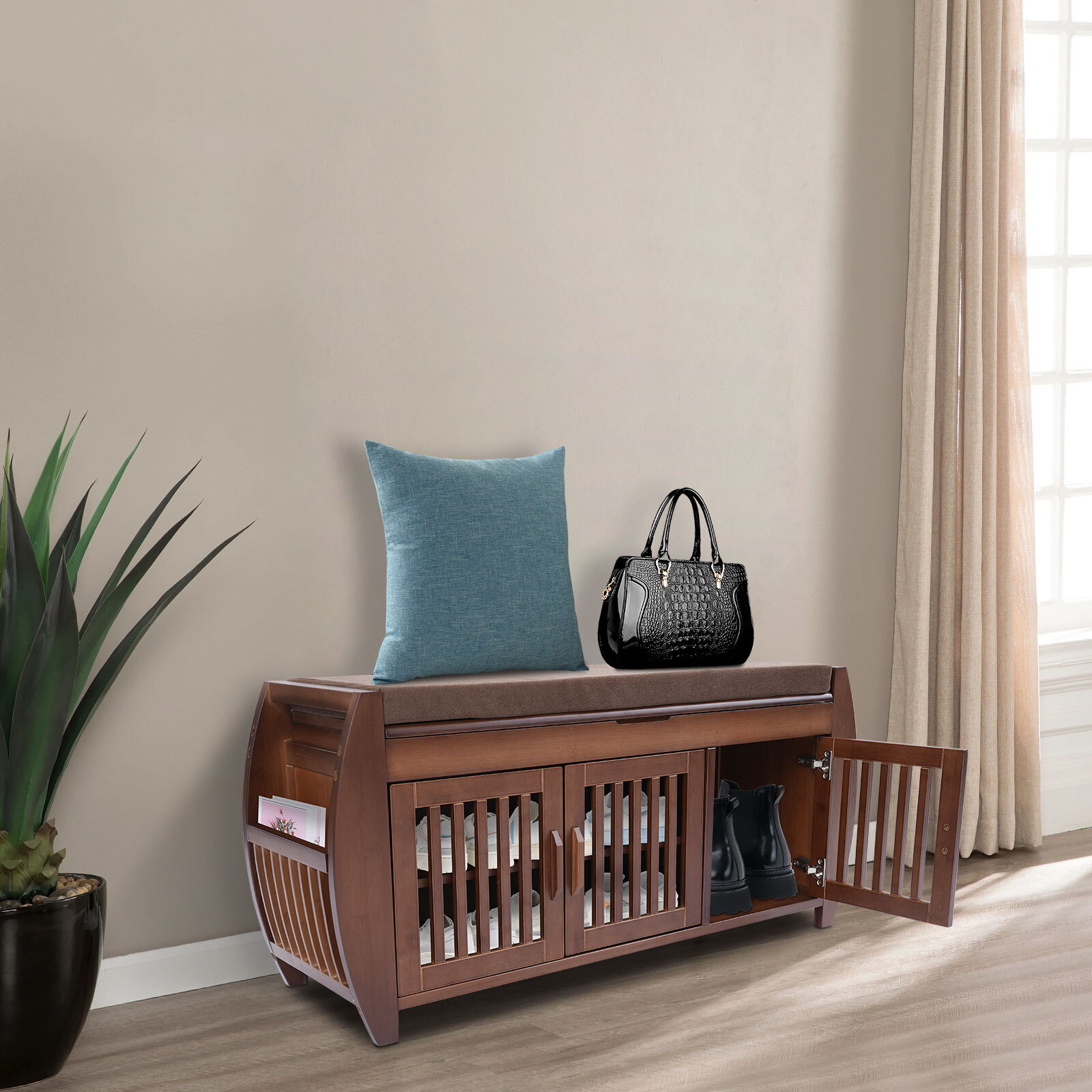 Bamboo Shoe Storage Bench With Cushion & Hidden Storage, 150kg Capacity