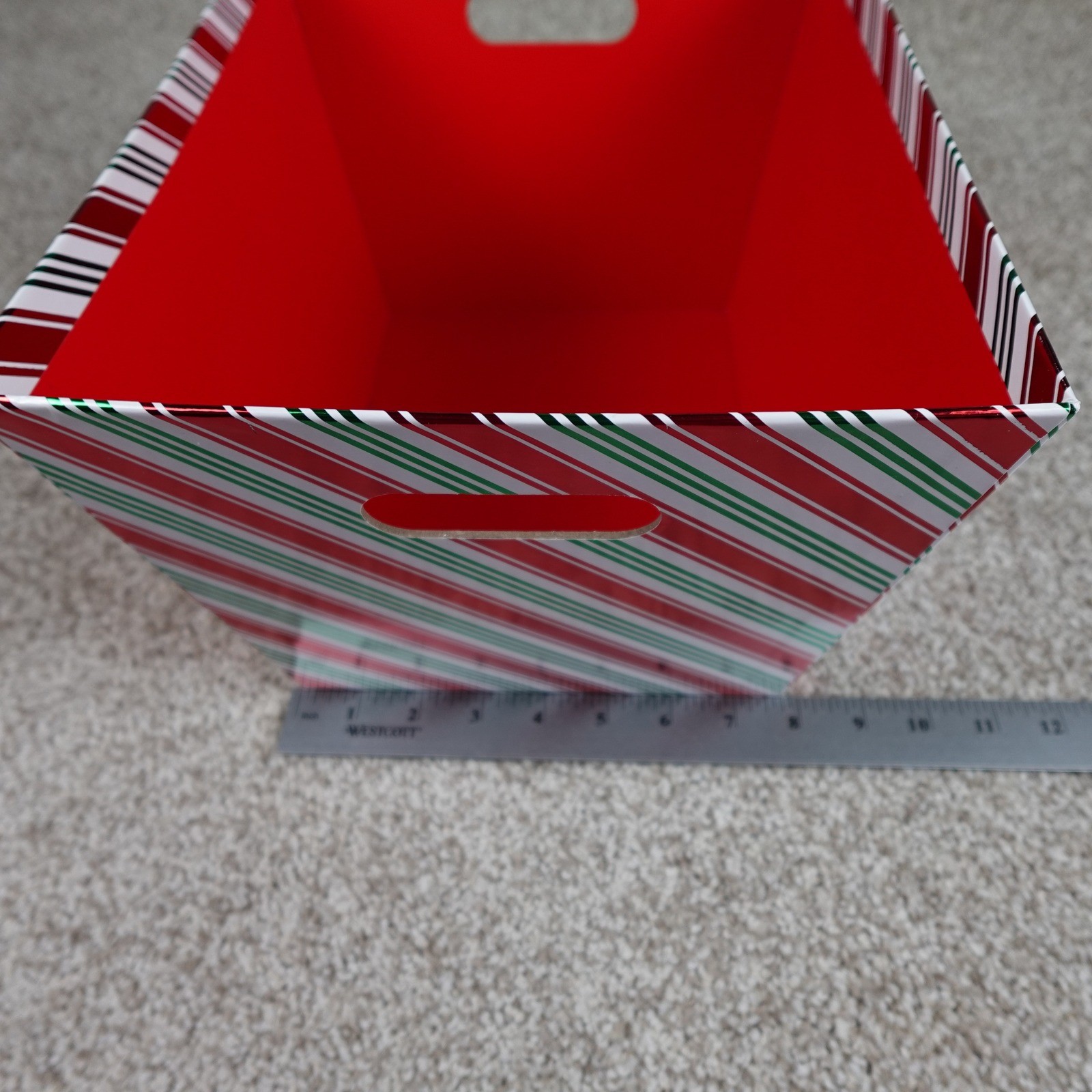 Holiday Christmas Candy Cane Striped Storage Bin Red Green White Foil Basket