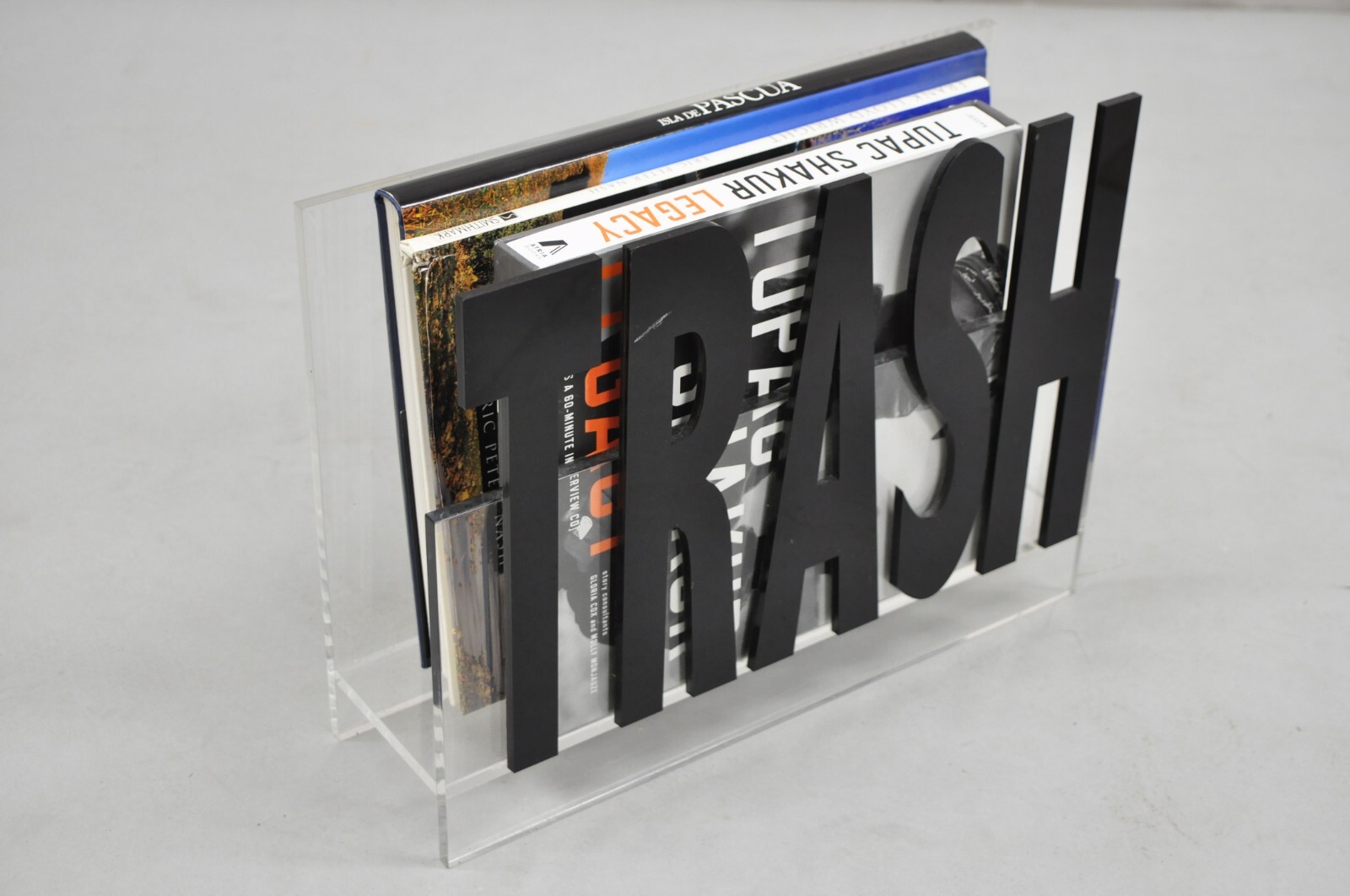 Vintage Mid Century Modern Pop Art “Trash” Lucite Acrylic Magazine Rack Stand