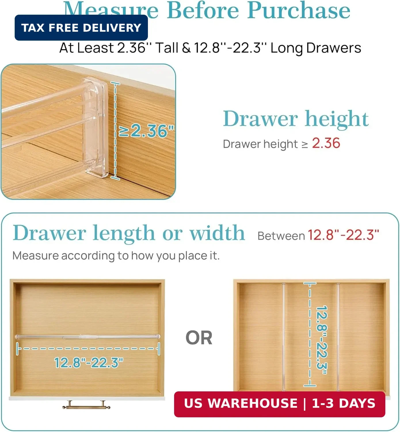 2.36″ Drawer Dividers with Expandable Inserts, 12.8″-22.3″ Adjustable K