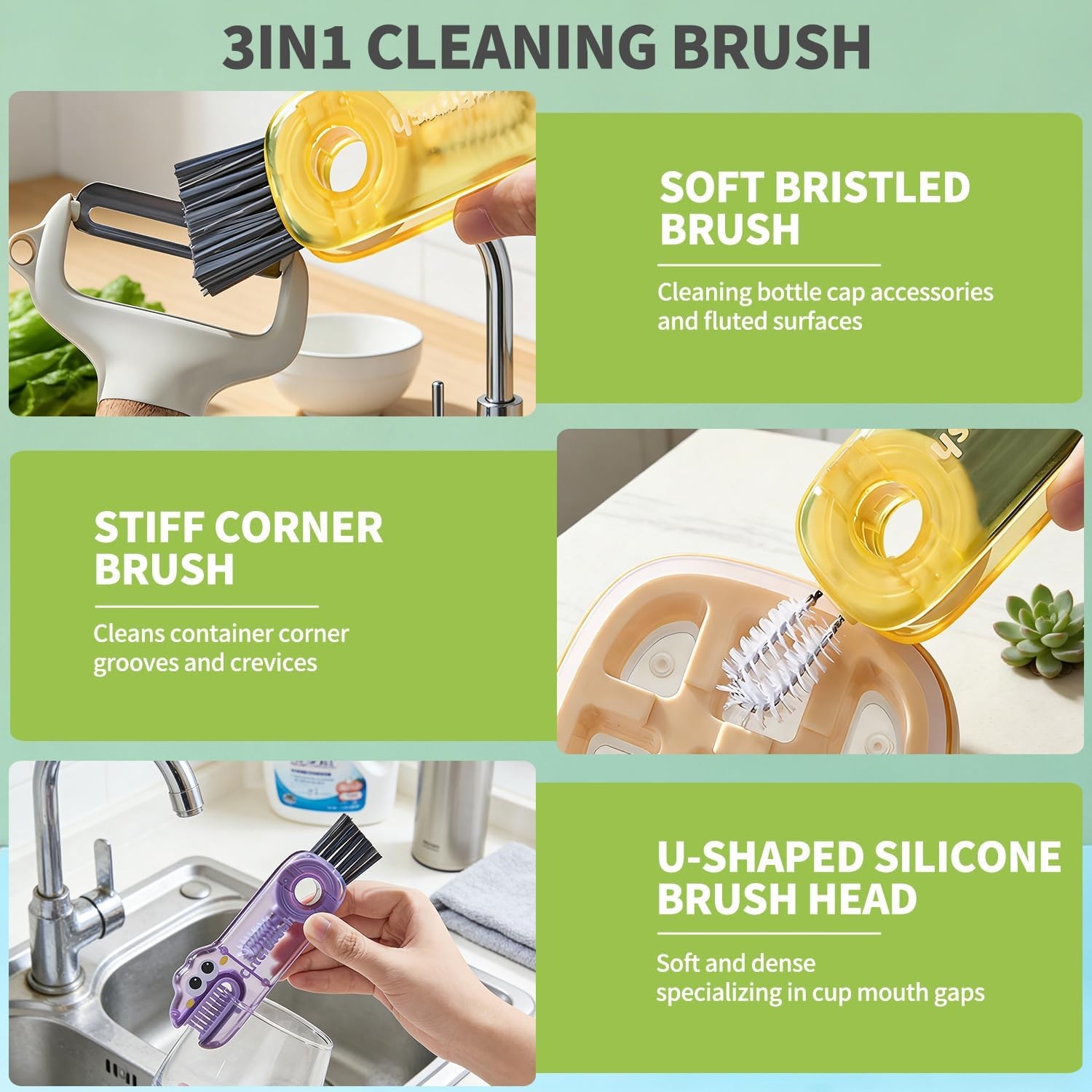 3 in 1 Cup Lid Gap Cleaning Brush Set 3 Pcs Multifunctional Bottle Cleaning Brus