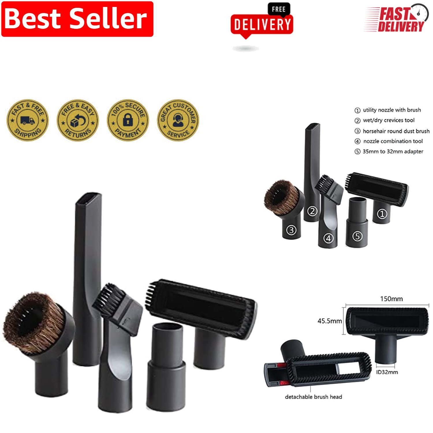 Versatile 5-Piece Vacuum Attachment Set – Ideal for Deep Cleaning & Home Care