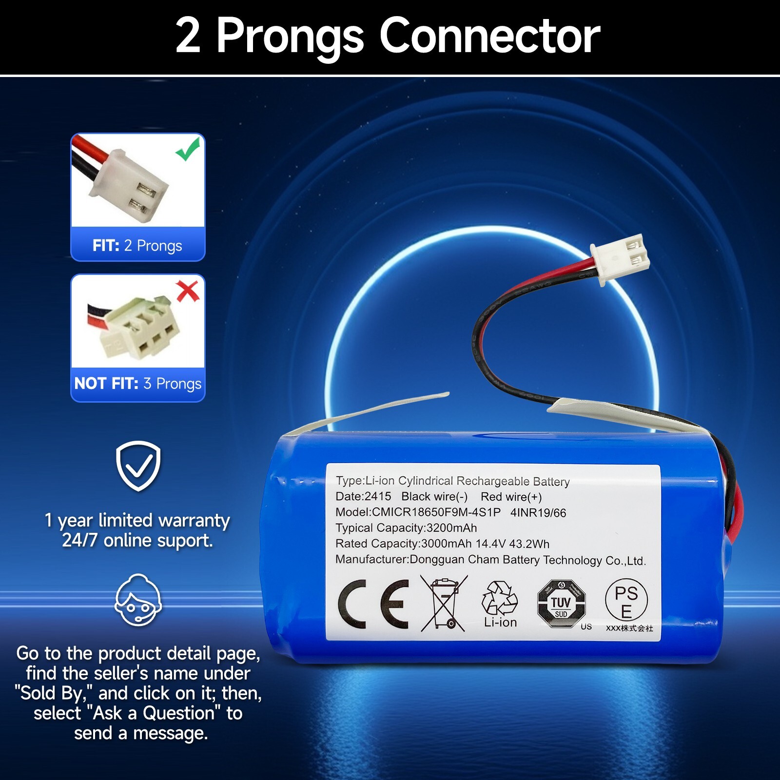 Shark RVBAT850 Battery for R75, R85, RV850, R87, RV871, S87, RV851WV (2 Prongs)