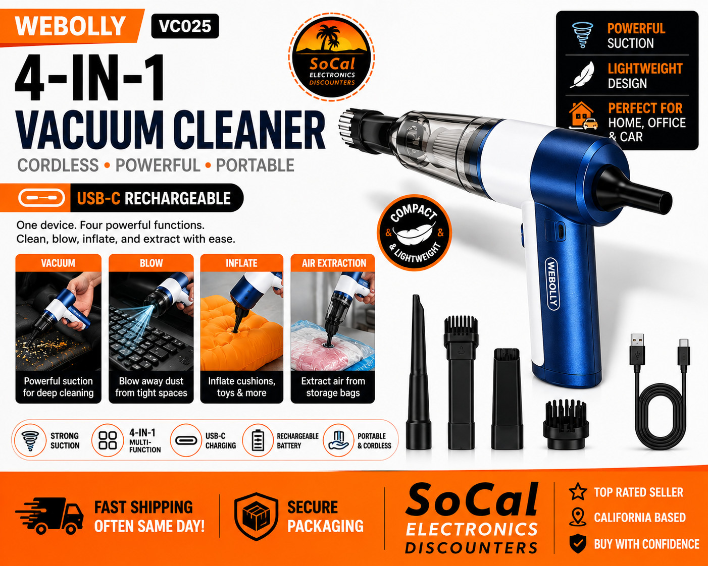 WEBOLLY VC025 4-in-1 Cordless Handheld Vacuum Duster Inflator USB-C Rechargeable