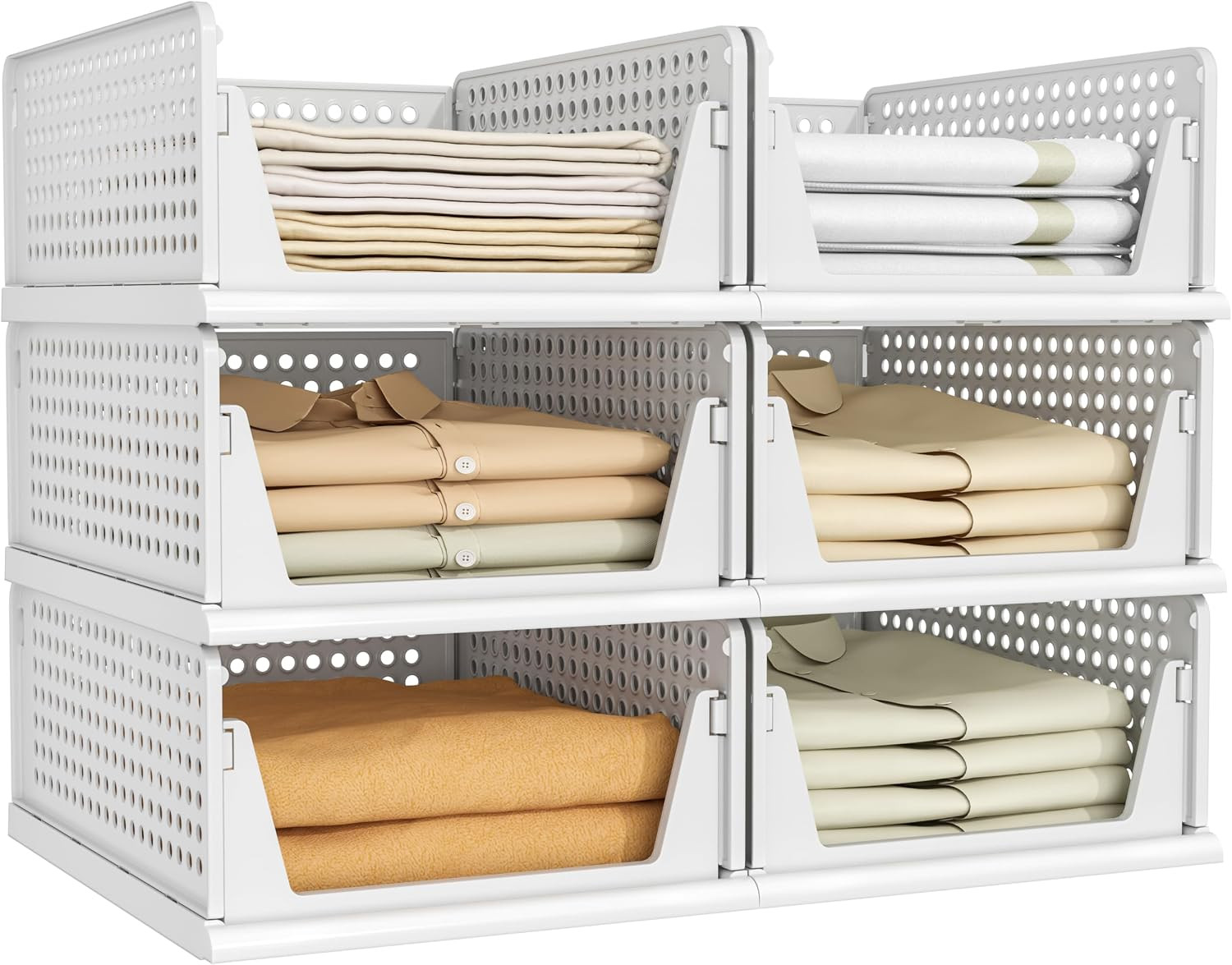 6 Pack Closet Organizer Storage Bins Plastic Stackable Foldable White for