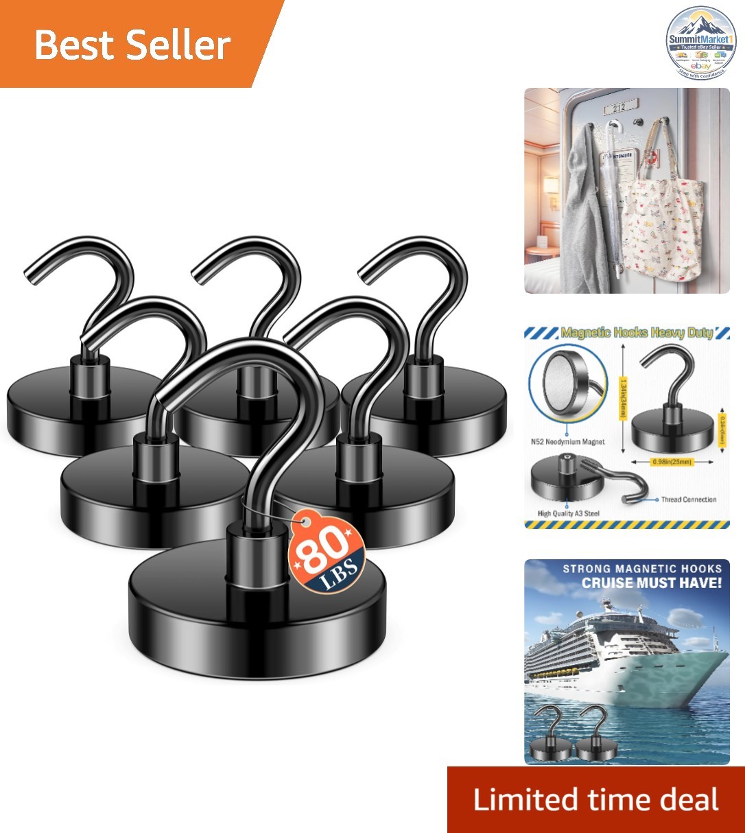 Black Magnetic Hooks, 80LB Capacity, 6 Pack for Cruise Cabins