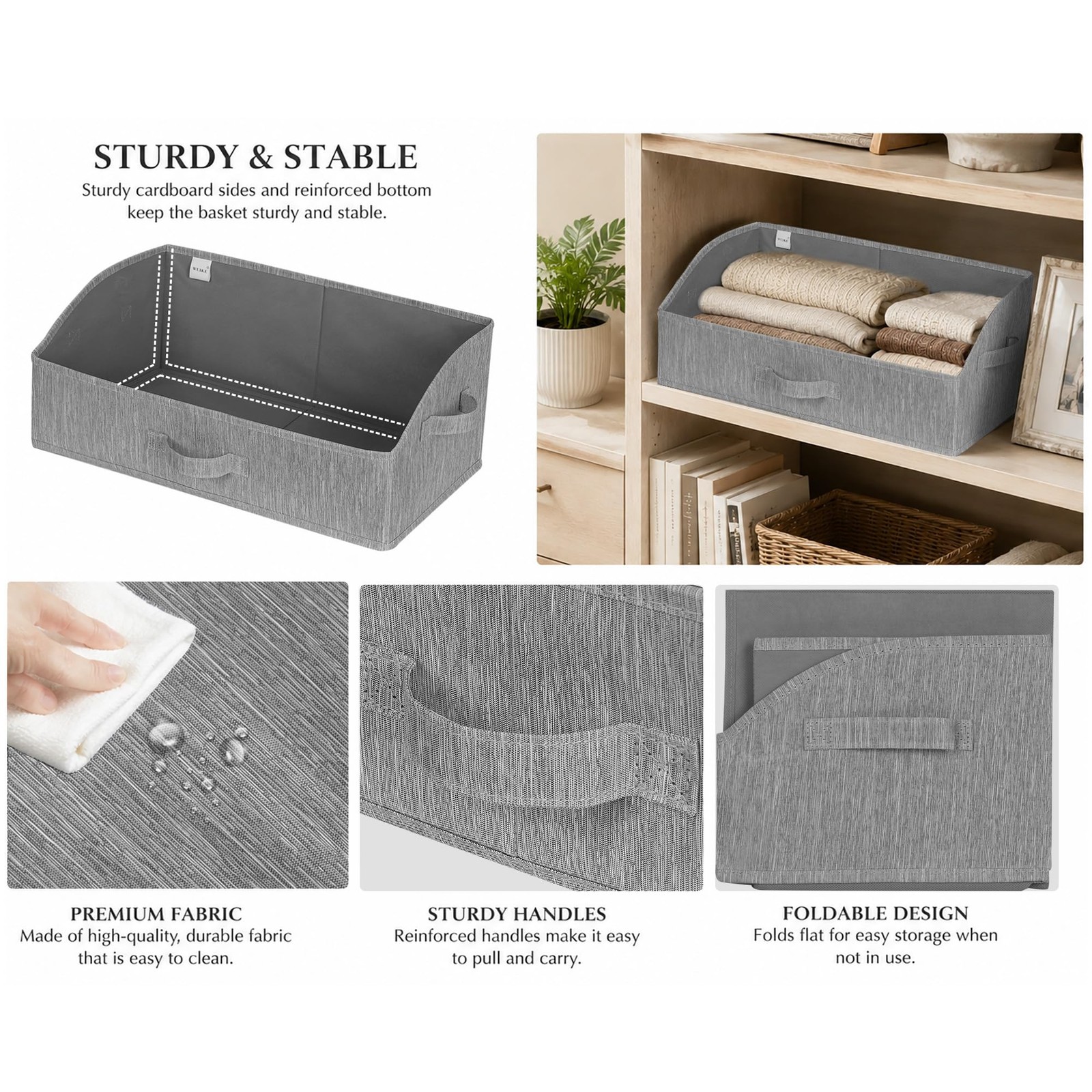 Trapezoid Storage Bins Closet Organizers Fabric Bins Handles Light Gray