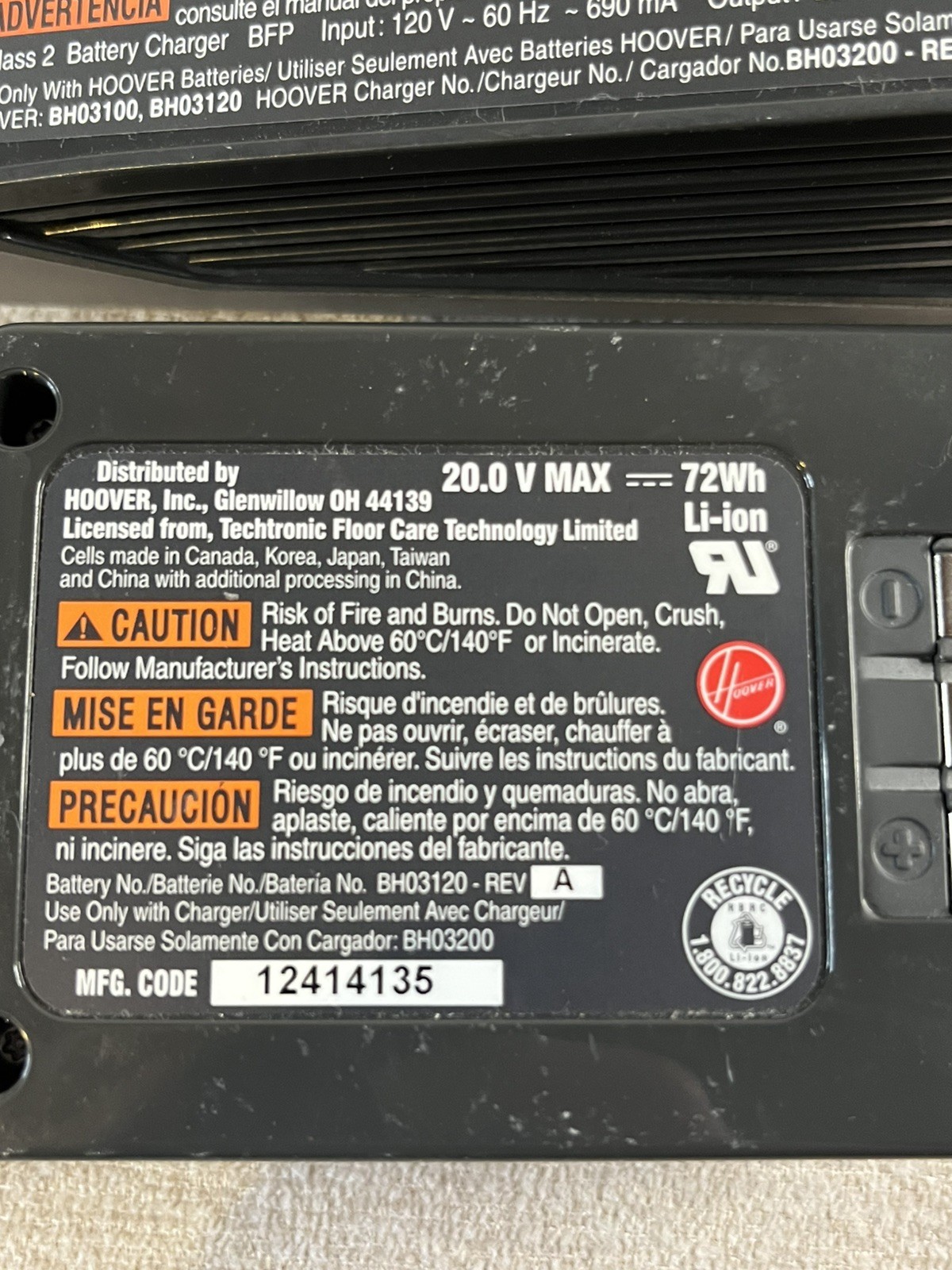 Hoover Charging Dock BH03200 & 20V Lithium Life Battery BH03120 TESTED