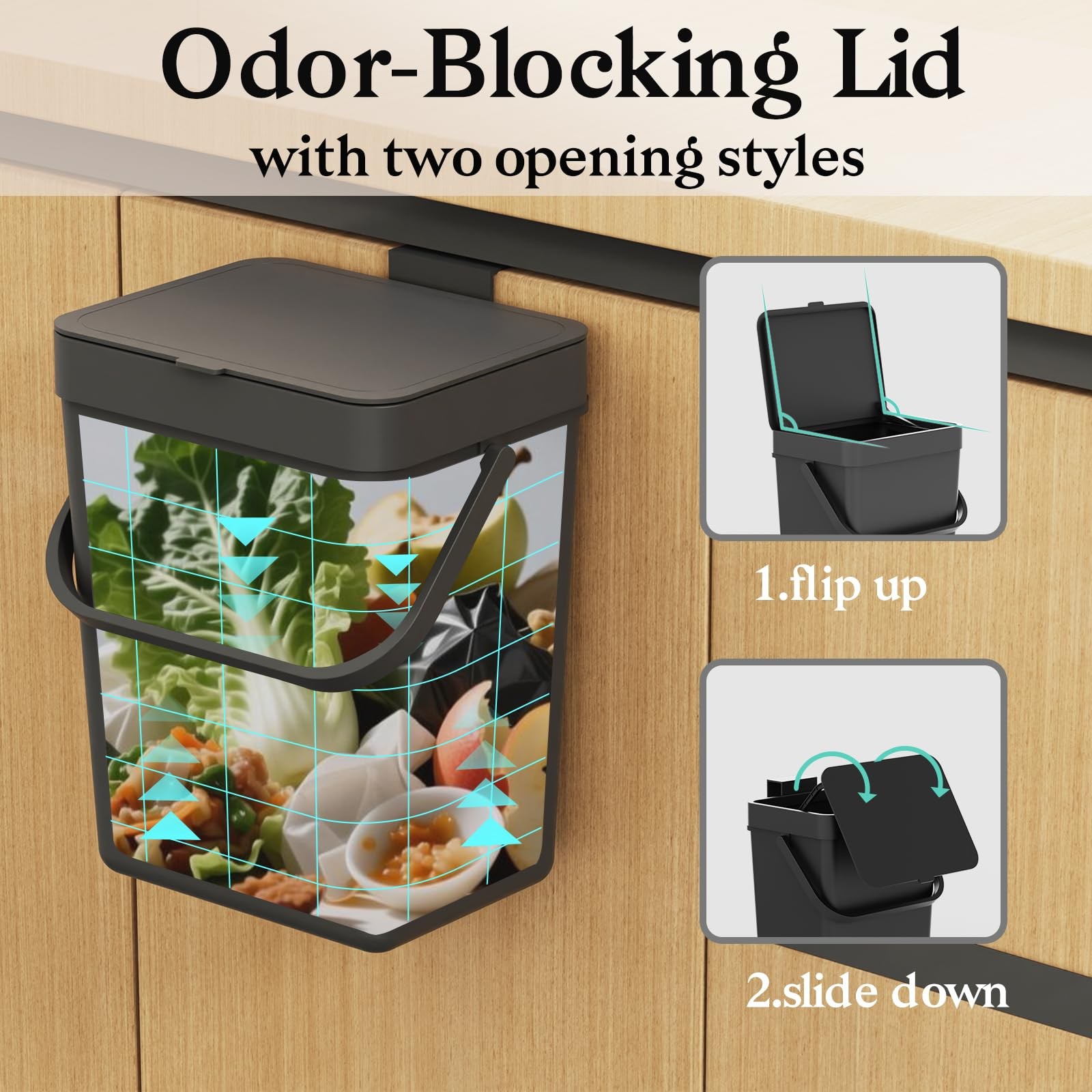1.3 Gal 5L Countertop Compost Bin Hanging Trash Can Lid Under Sink Mount Black