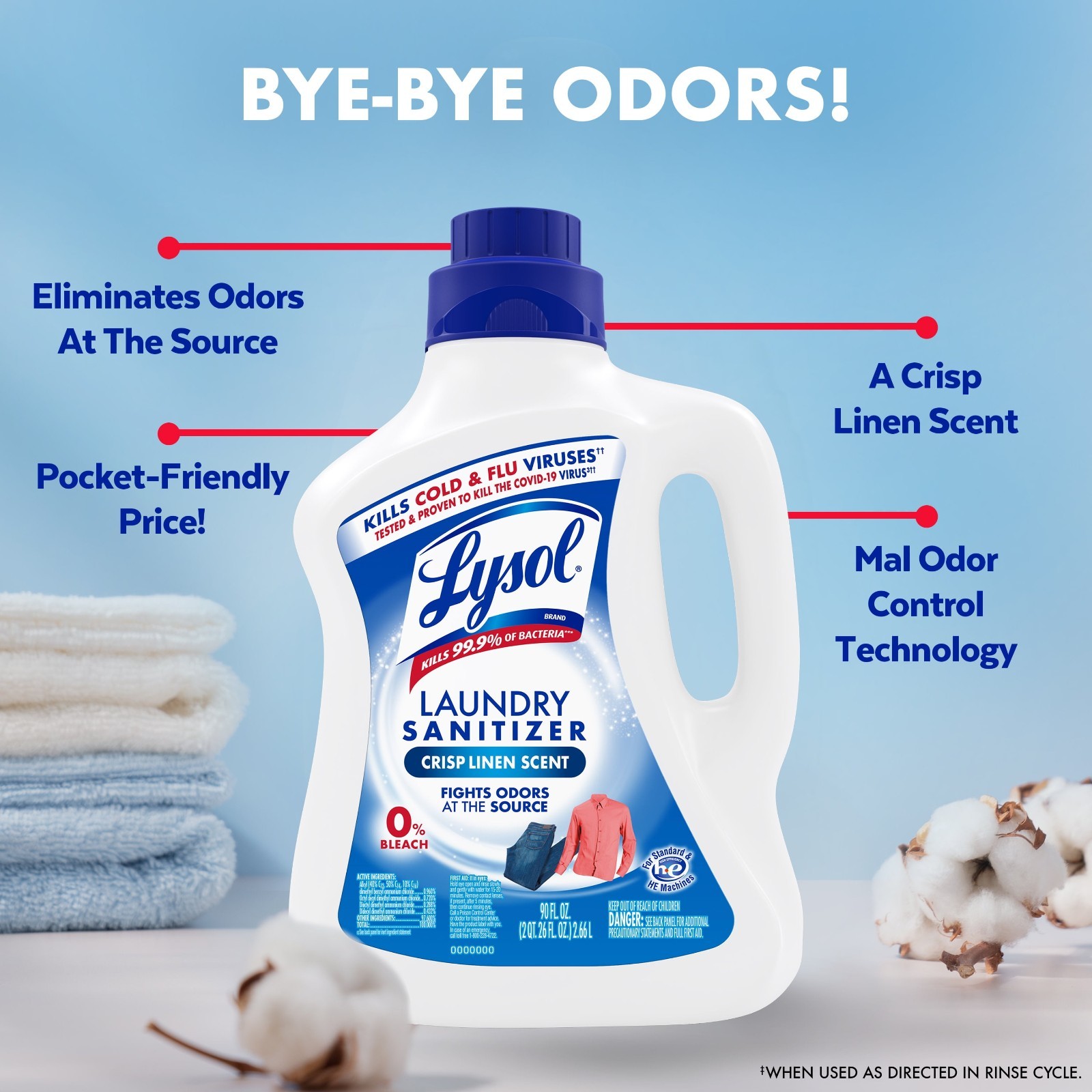 3PK Lysol Laundry Sanitizer Additive, Crisp Linen, 90 fl oz, Liquid, Bleach Free