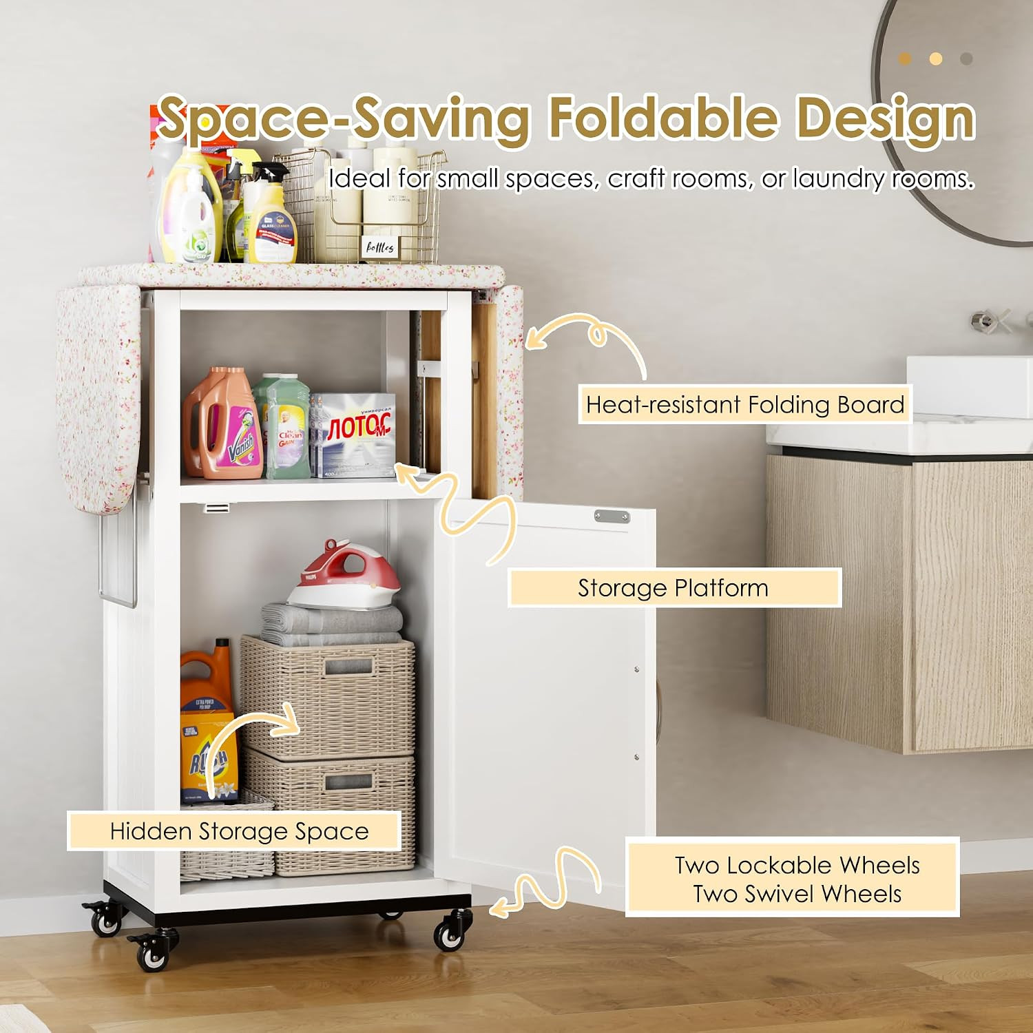 Rolling Ironing Board with Storage Cabinet, Folding Ironing Board | Small Ironin
