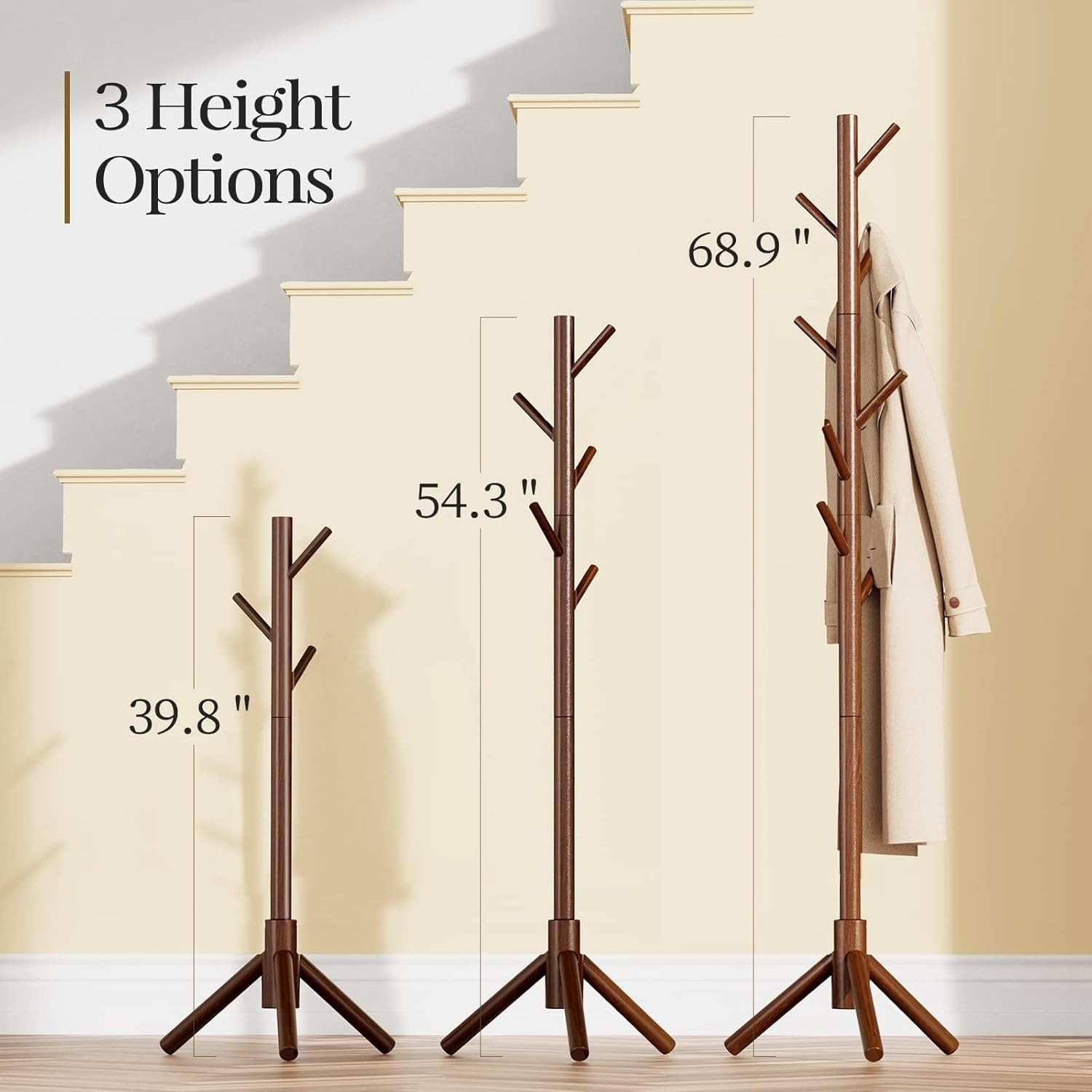 Sturdy Wooden Coat Tree with 8 Hooks, 3 Adjustable Sizes for Clothes, Hat Sta…